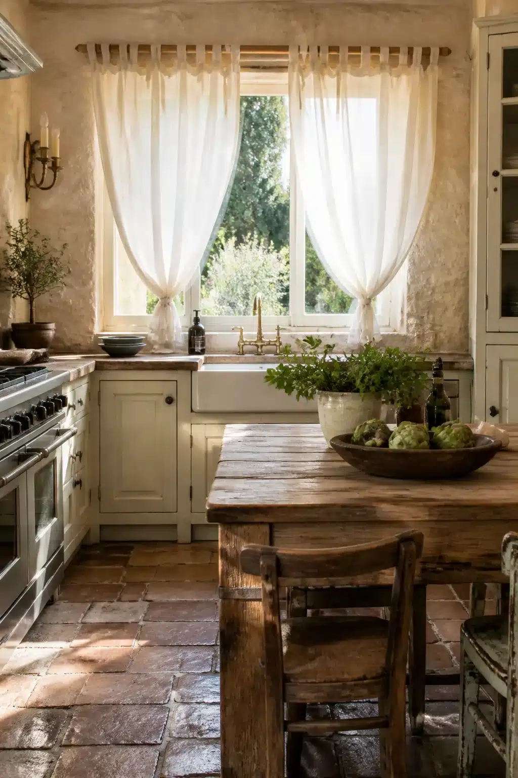 Cream muslin tie-top sheer French country kitchen curtains over farmhouse sink with terracotta tile floor