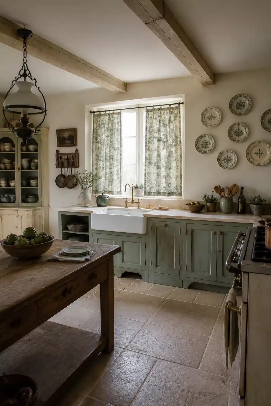Sage green toile cafe curtains above a farmhouse sink in a French country kitchen with stone tile floors