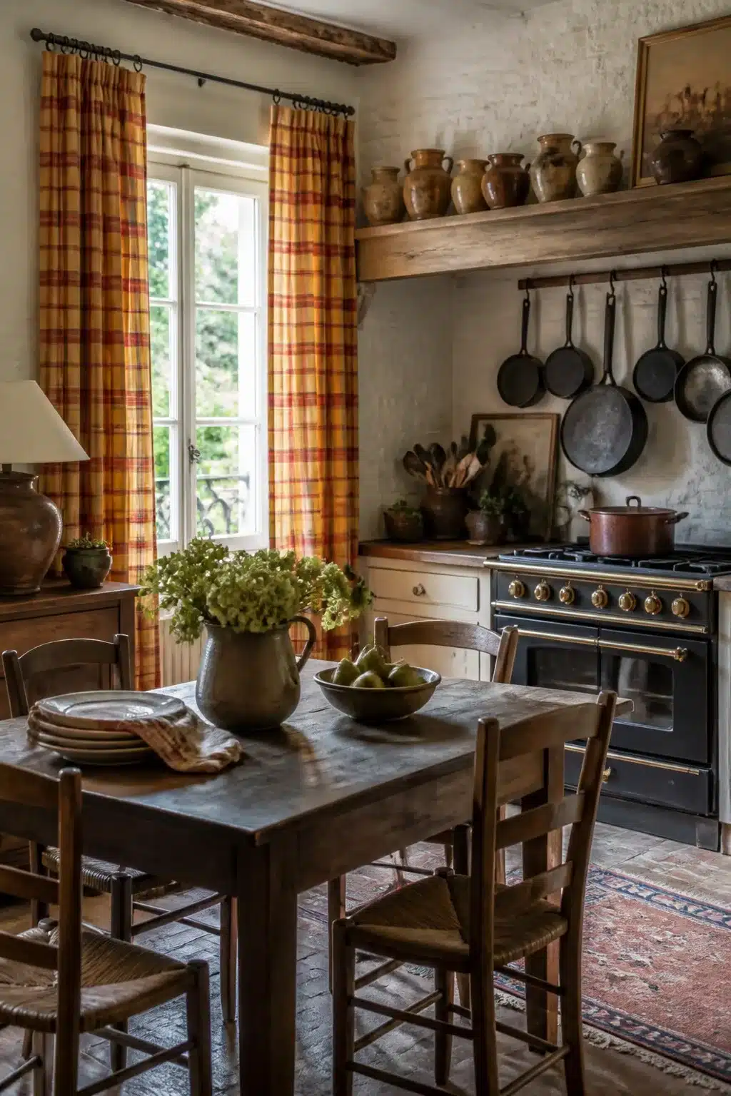 French country kitchen curtains in ochre and red madras plaid with cast iron pans and rustic dining table