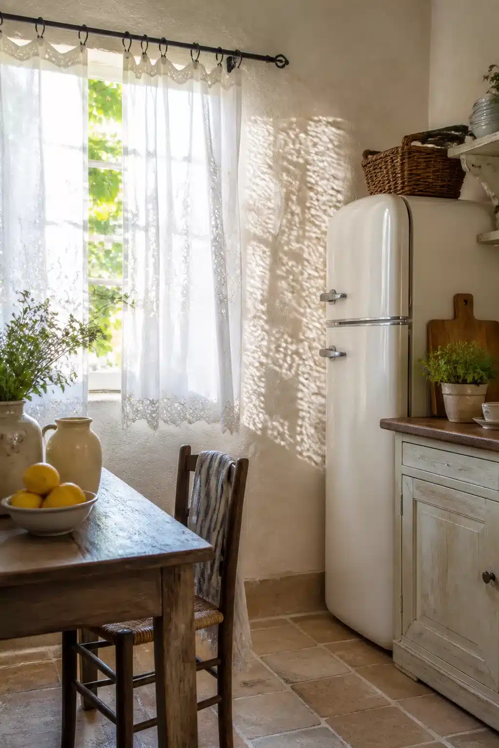 White lace scallop-edge French country kitchen curtains on an iron rod with dappled light on plaster walls