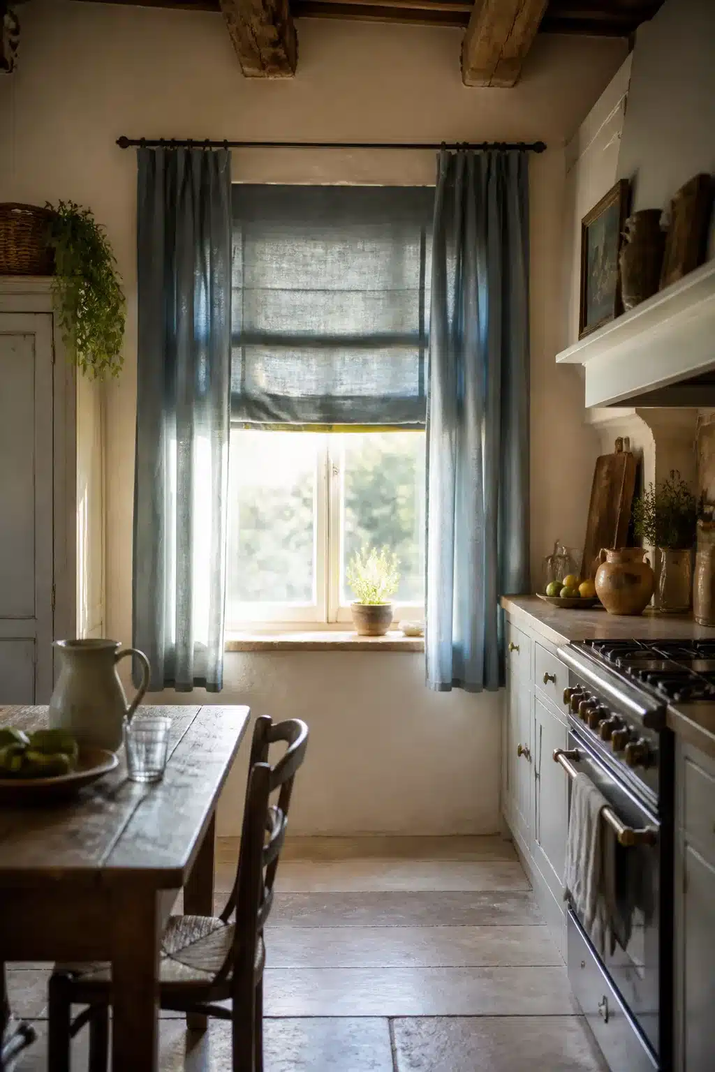 Dusty blue linen relaxed roman shade and floor-length panels — French country kitchen curtains with plaster walls and wood beams