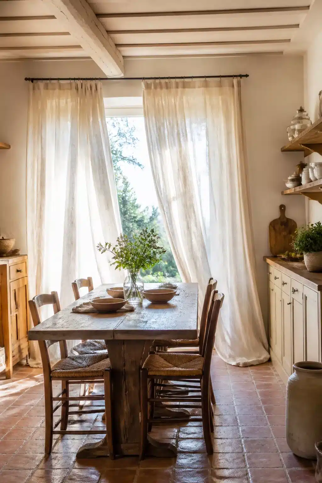 Natural linen sheer curtains on a wide window in a rustic French country kitchen with terracotta floors.