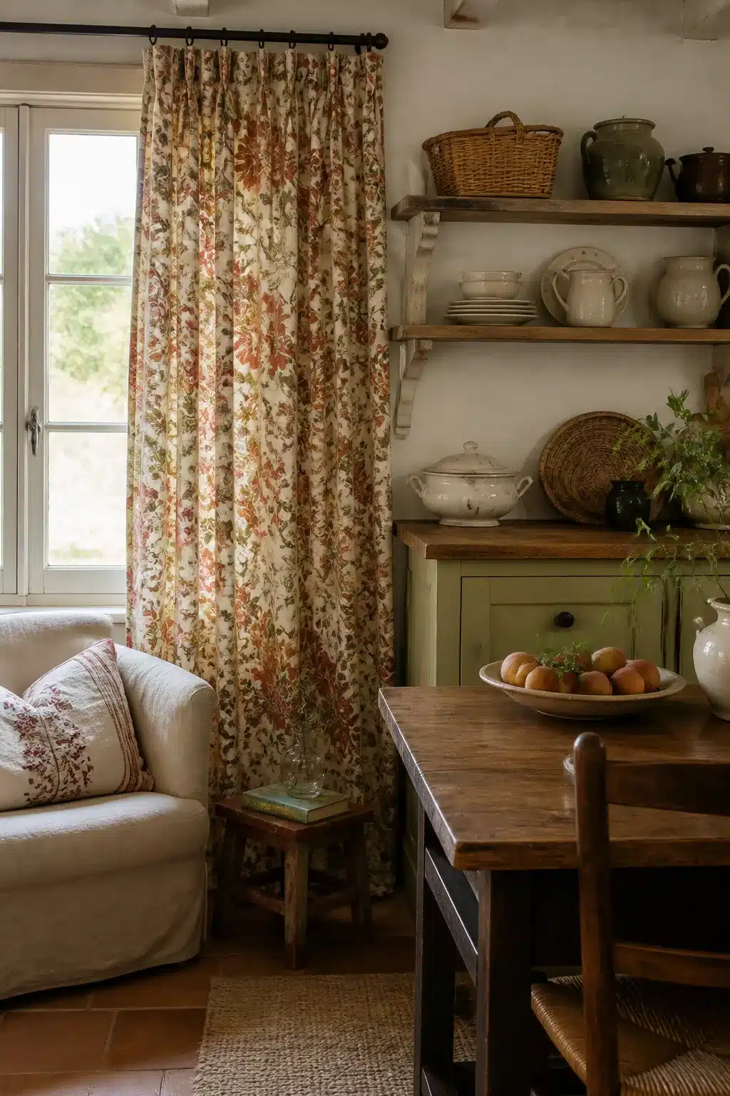 Rust and cream vintage floral barkcloth French country kitchen curtains with open shelves and sage green buffet