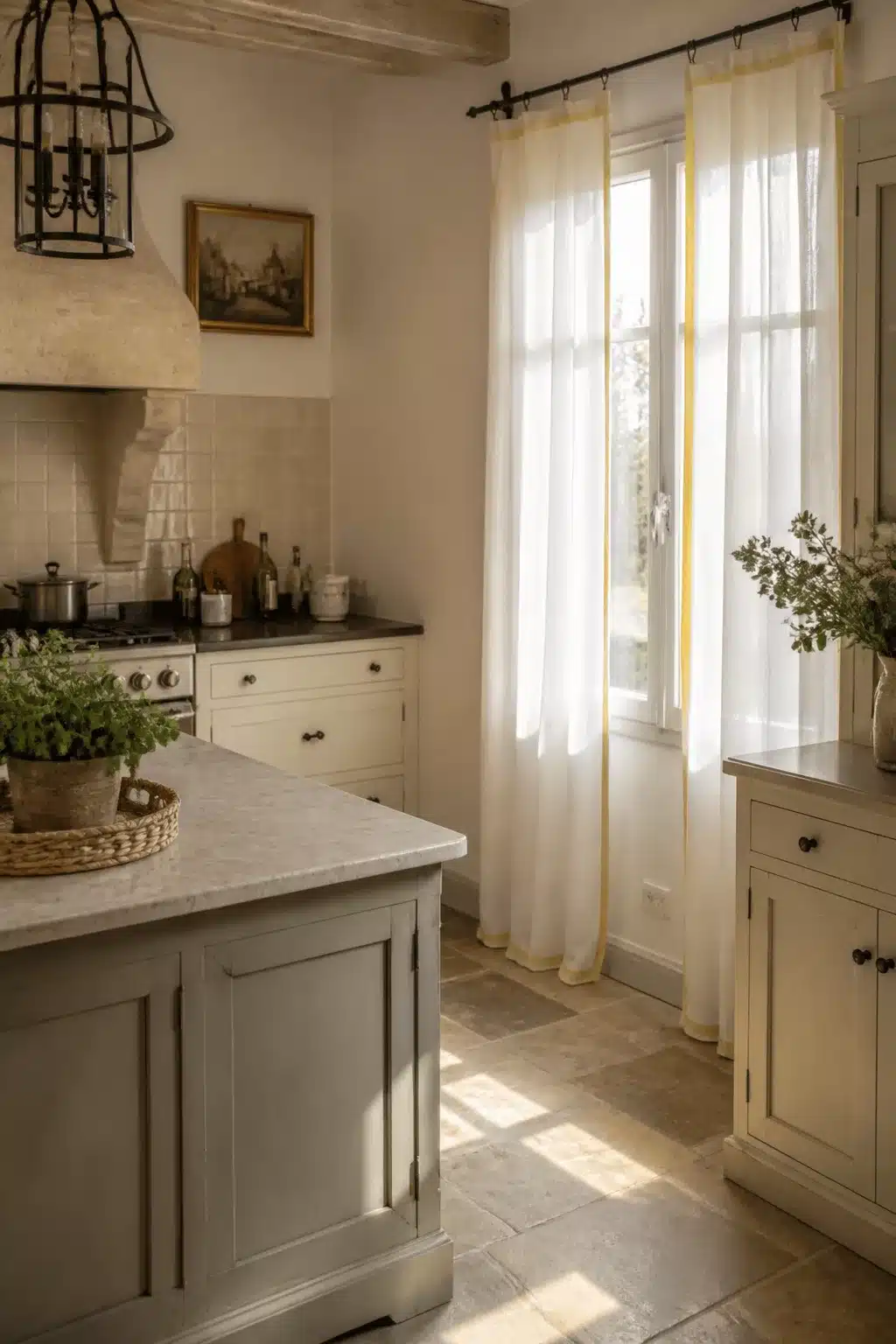 French country kitchen curtains — sheer white voile panels with yellow ribbon trim, stone floor, painted island