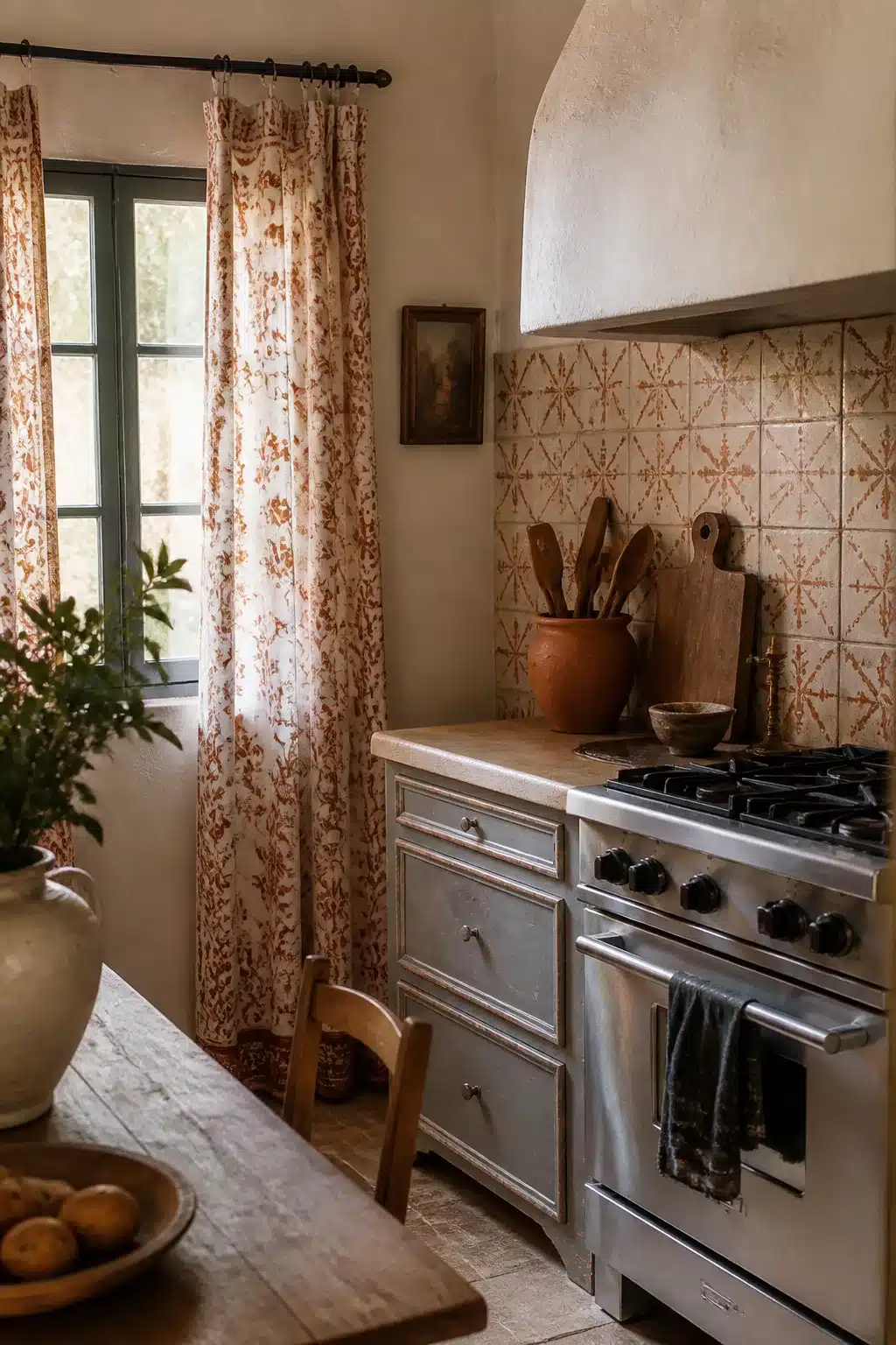 Rust floral block-print cotton French country kitchen curtains hung on iron rod with terracotta tile backsplash