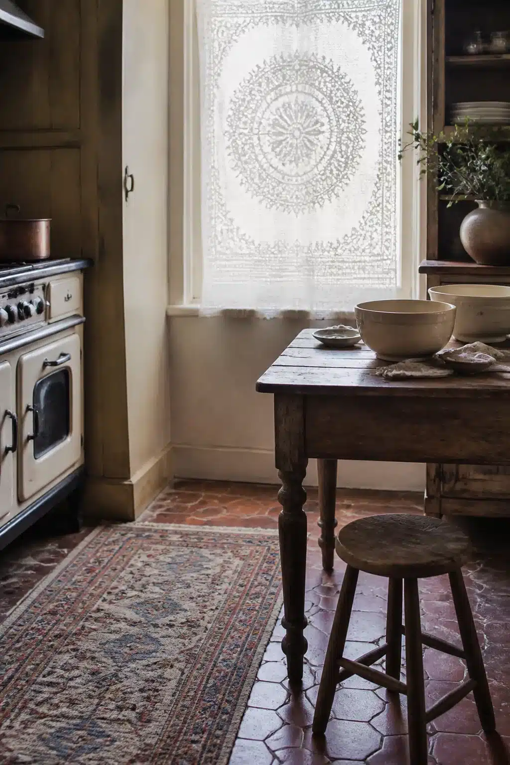 Antique white lace medallion panel French country kitchen curtain with terracotta tile floor and cream range