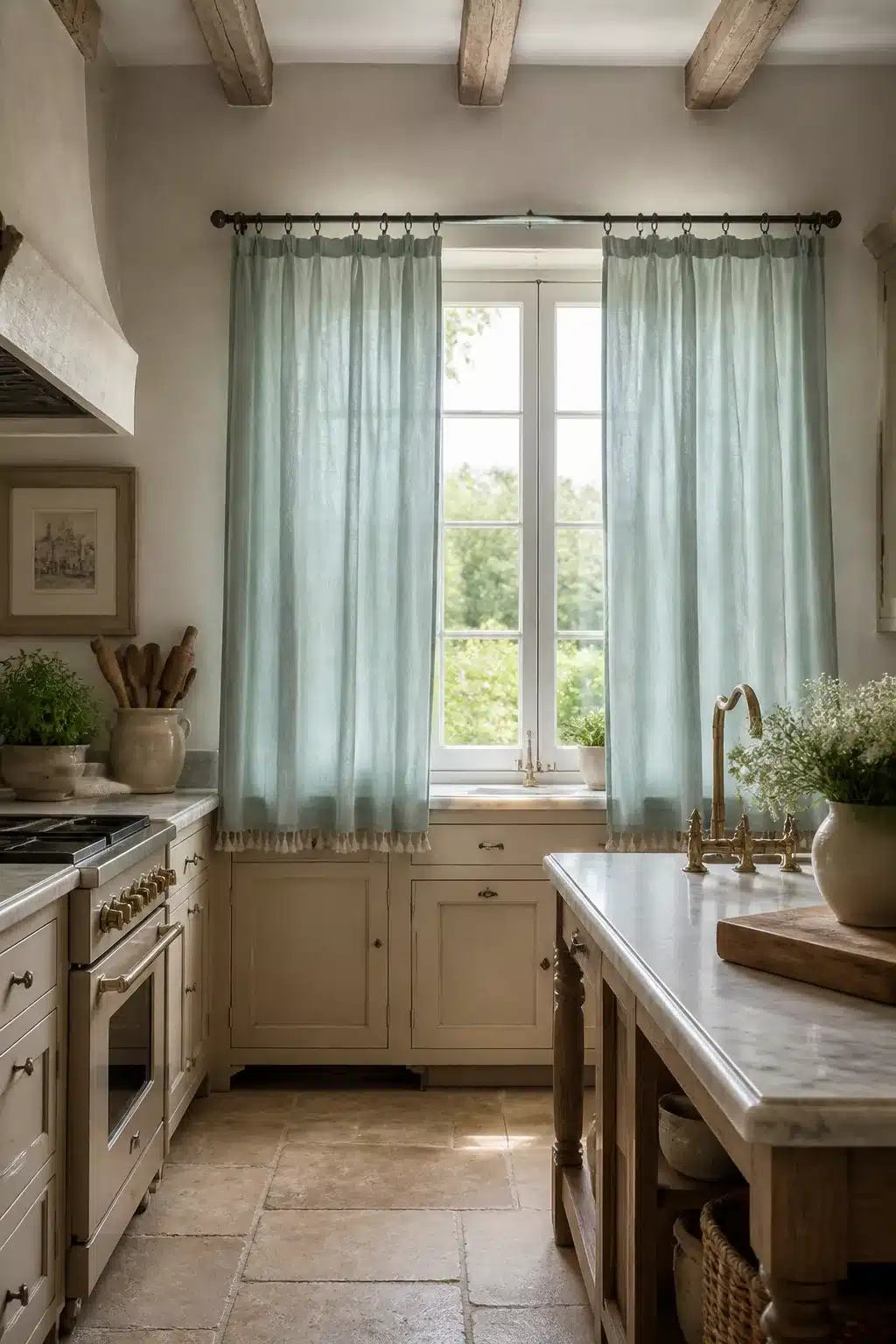 Pale aqua linen French country kitchen curtains with tassel fringe trim on iron rod over sink window
