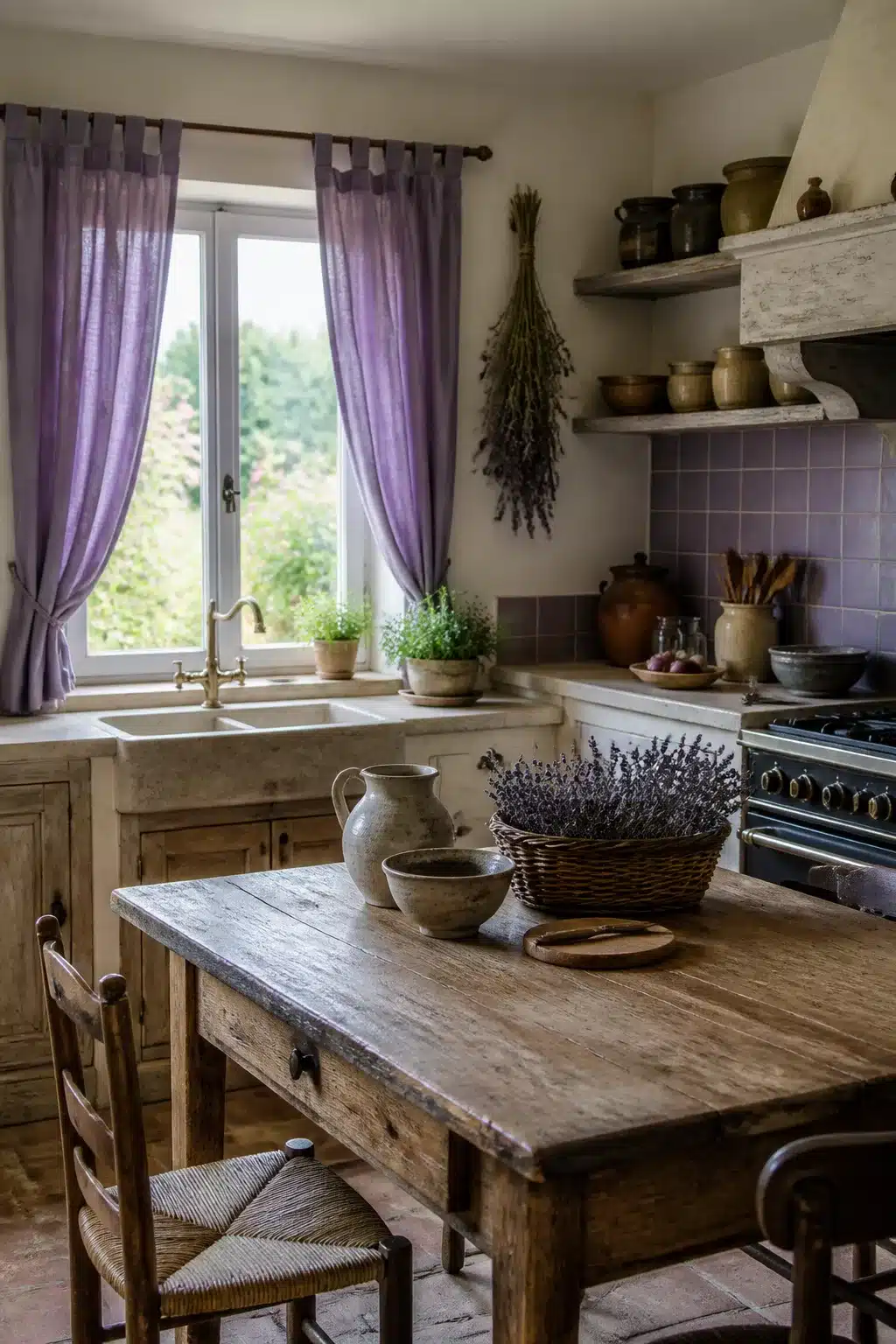 French country kitchen curtains in heathered purple linen with tab tops, rustic wood table, dried lavender, and stone sink