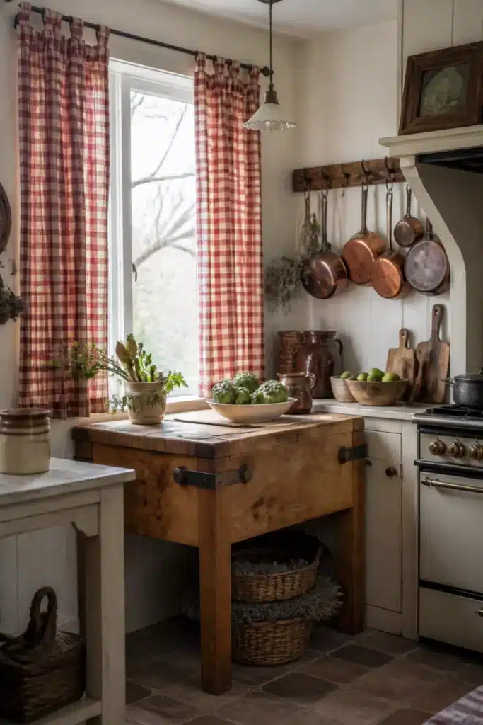 French country kitchen curtains in red Provençal check tab-top style with copper pans and butcher-block island
