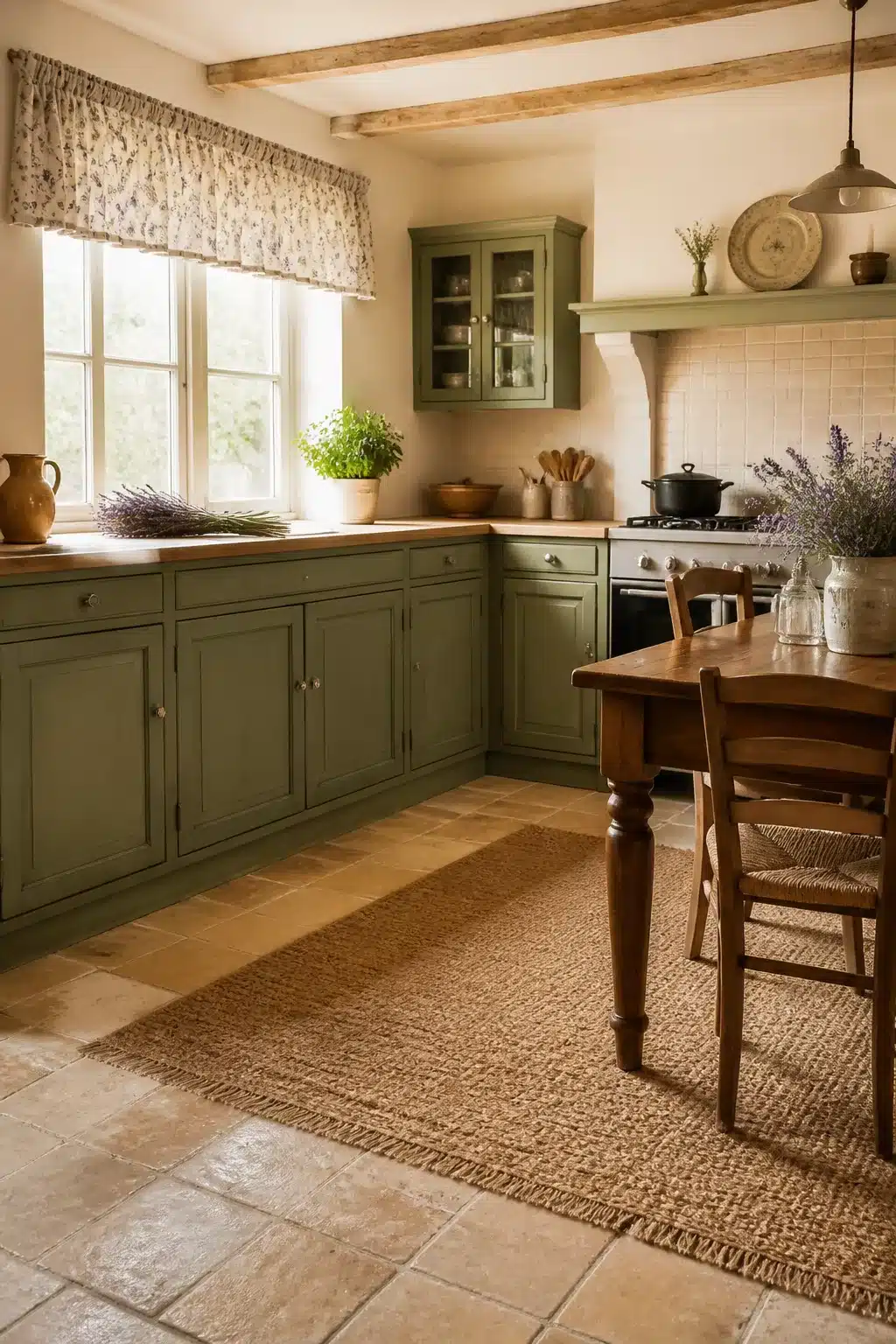 French country kitchen curtains — lavender sprig gathered valance over a window with sage green cabinets and stone tile floor