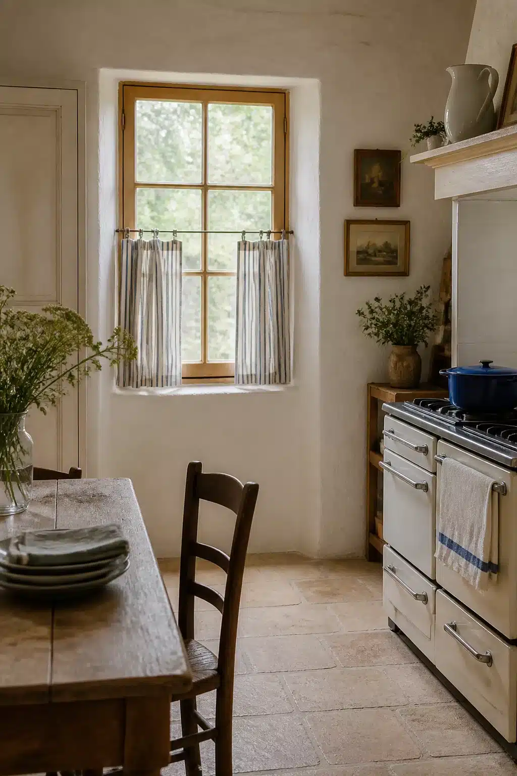 Gray and white ticking stripe café curtains in a rustic French country kitchen with cream range and stone floor