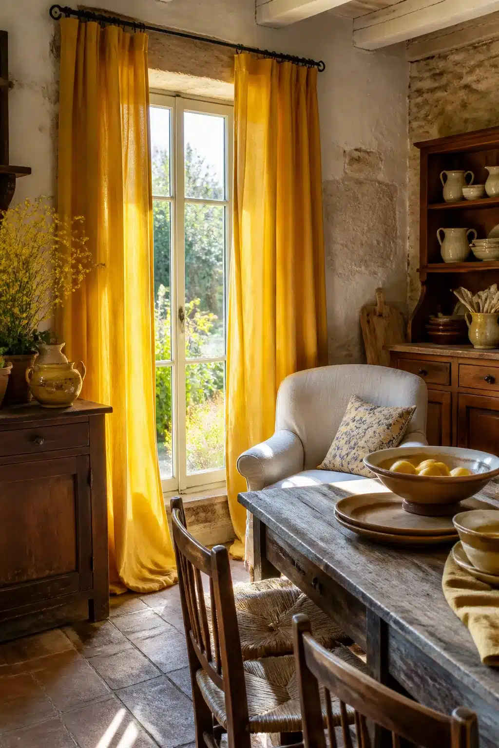 Sunflower yellow linen floor-length curtains in a rustic French country kitchen with stone walls and farmhouse table
