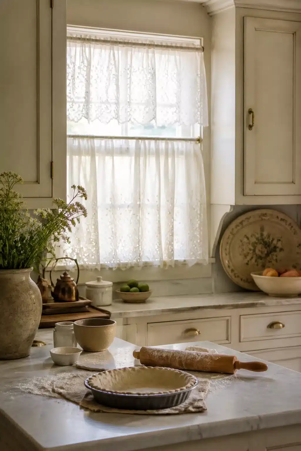 Ecru eyelet lace cafe tier curtains in a French country kitchen with marble counters and painted cabinets