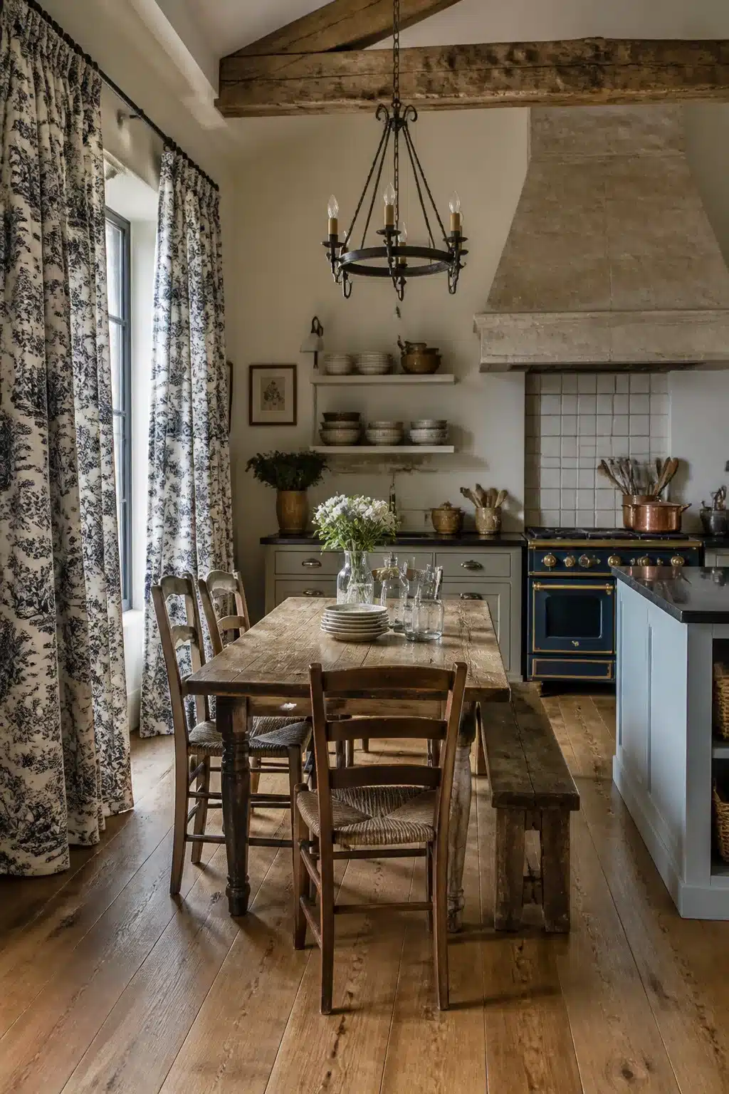 French country kitchen curtains in indigo toile, floor-length drapes with rustic wood beams and navy range