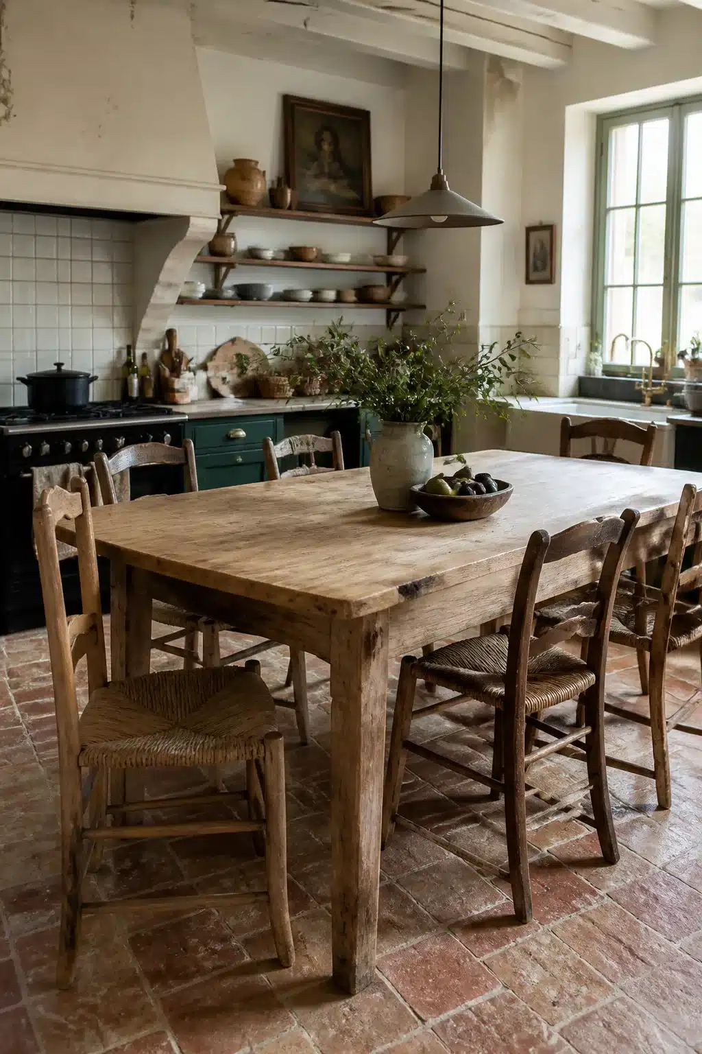 Scrubbed oak French country kitchen table with rush-seat chairs and terracotta tile floor in a farmhouse kitchen.