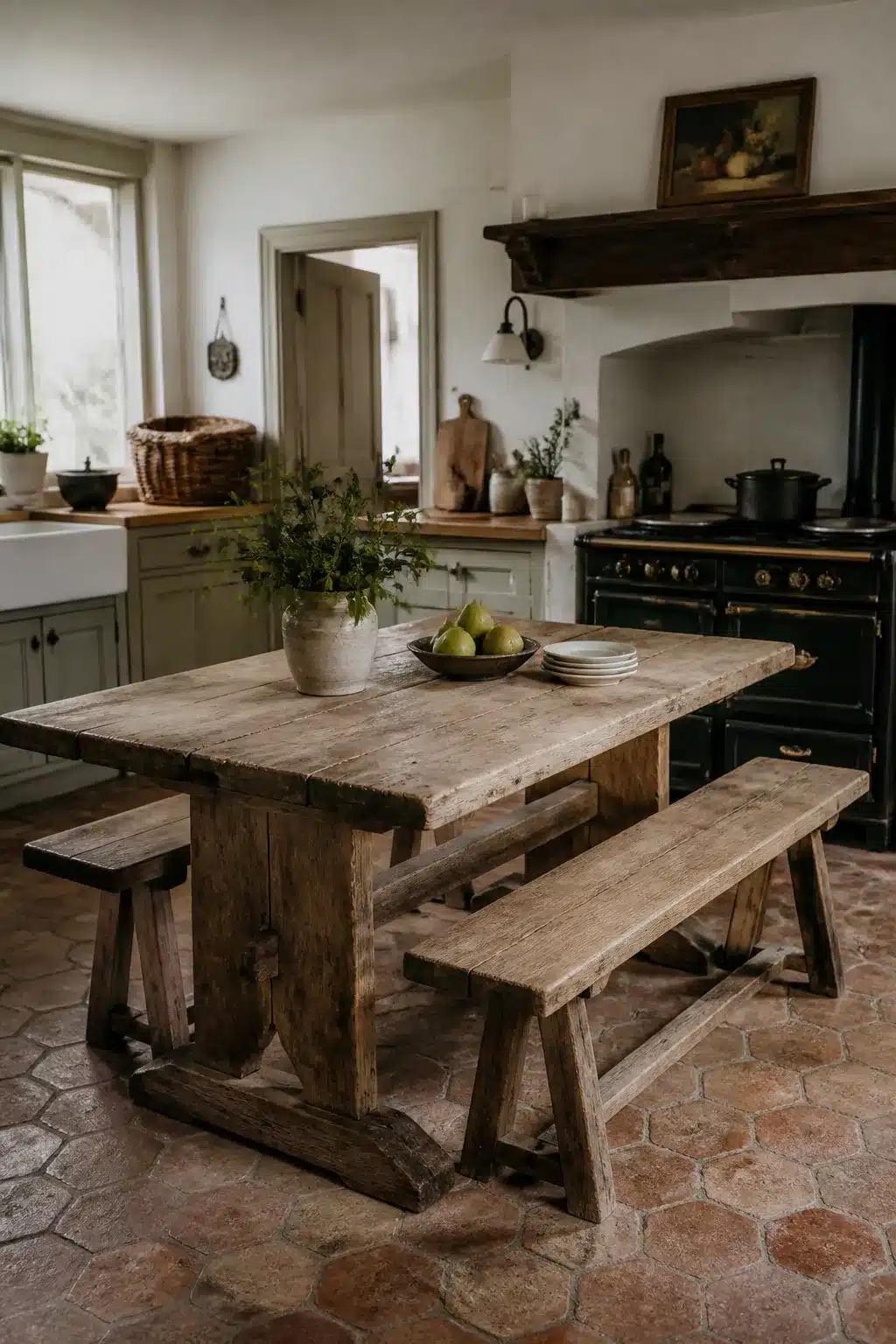 Antique trestle French country kitchen table with bench seating on terracotta hex tile floor