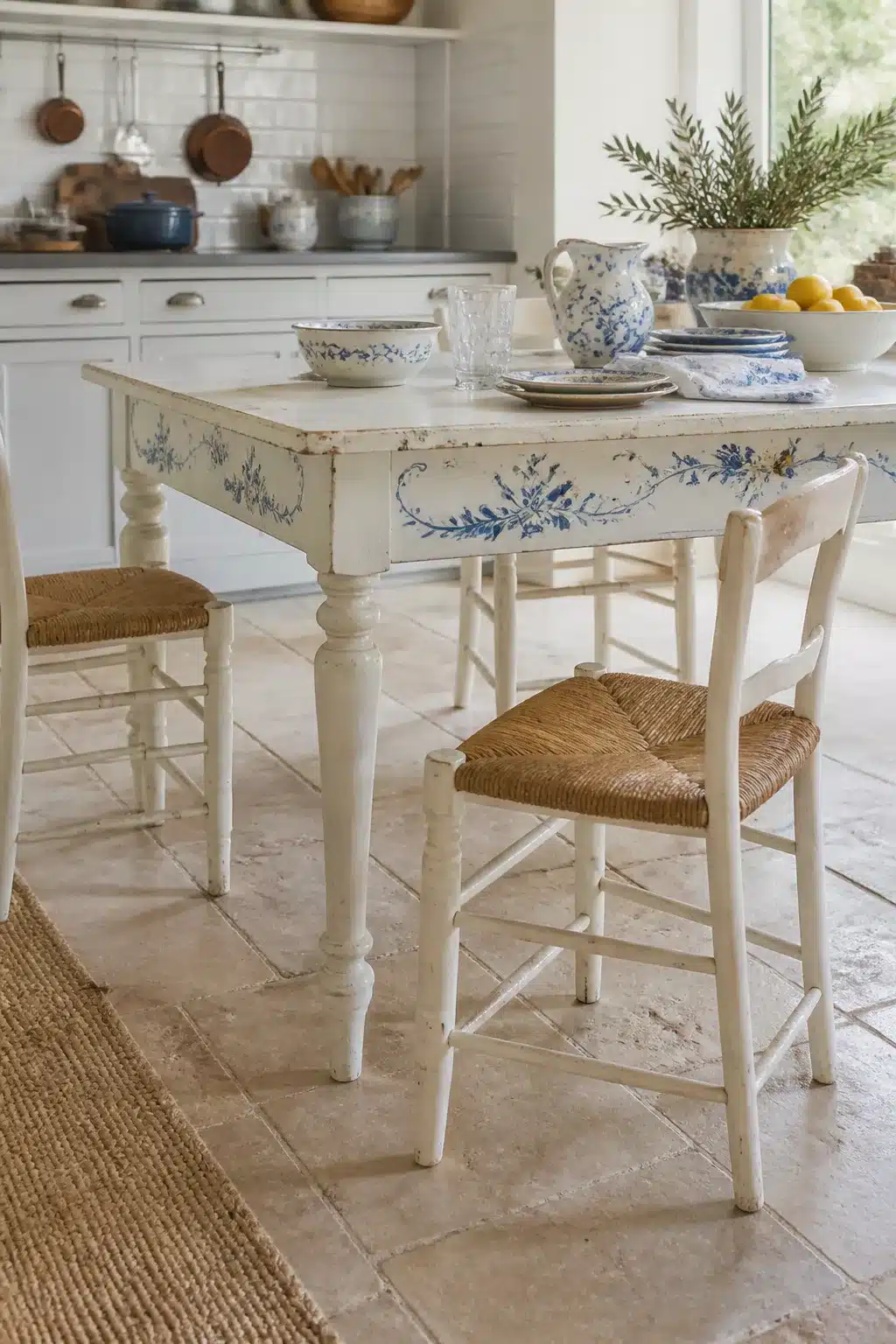 Hand-painted blue floral apron French country kitchen table with rush-seat chairs and limestone tile floor