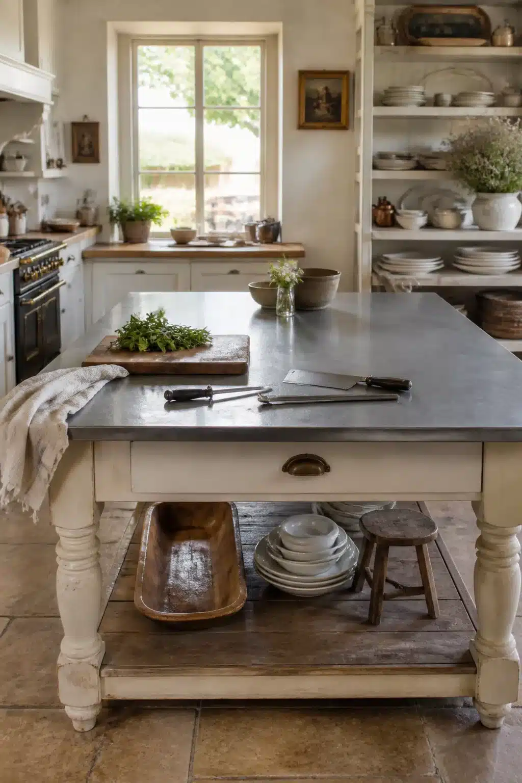 French country kitchen table with zinc top, cream painted base, and lower storage shelf holding dough bowl and plates