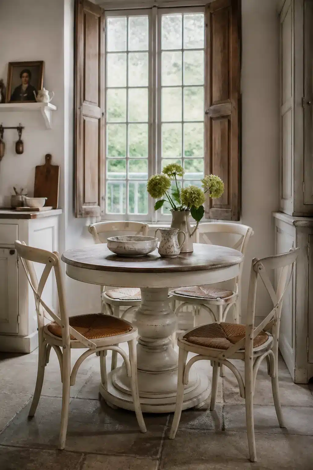 Round pedestal French country kitchen table with walnut top, cross-back chairs, and stone floors in a rustic farmhouse kitchen.