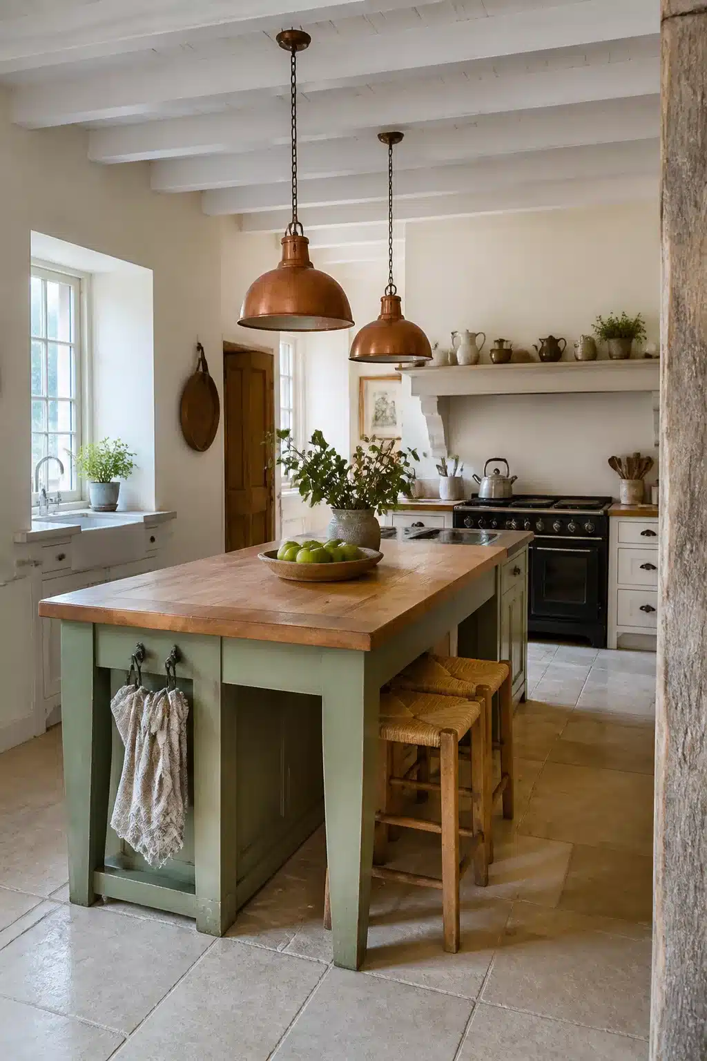 Sage green narrow kitchen island table with butcher block top — French country kitchen tables idea