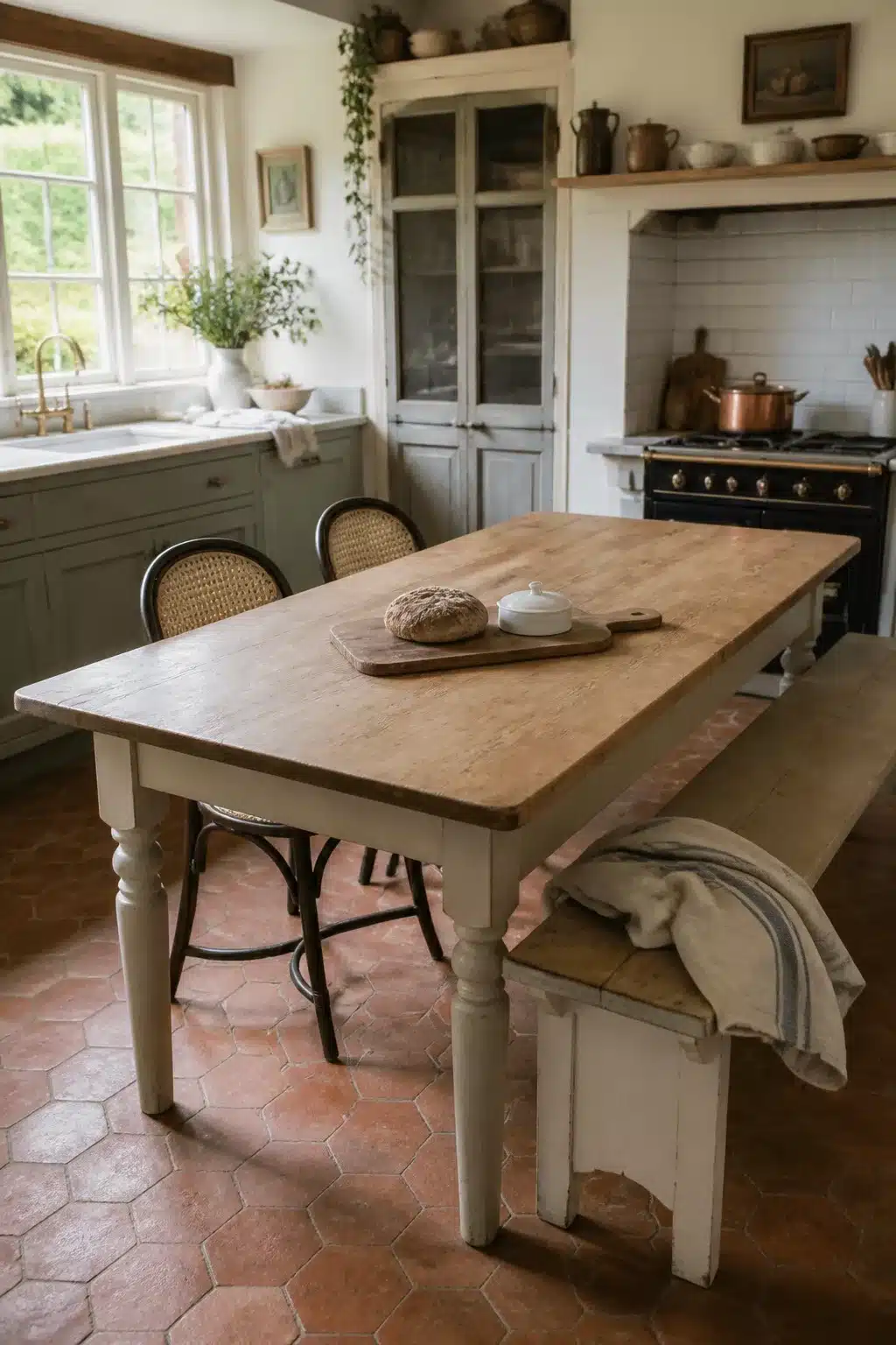 French country kitchen table with painted bench, cane-back chairs, pine top, and sage green cabinets on terracotta tile floor.
