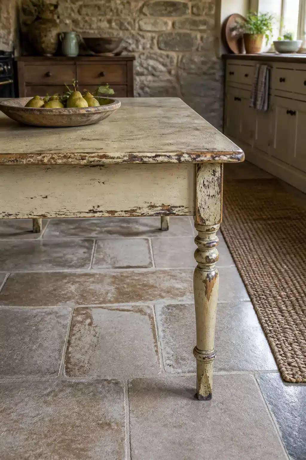 Heavily distressed ivory French country kitchen table with turned legs on flagstone floor, with stone wall behind.