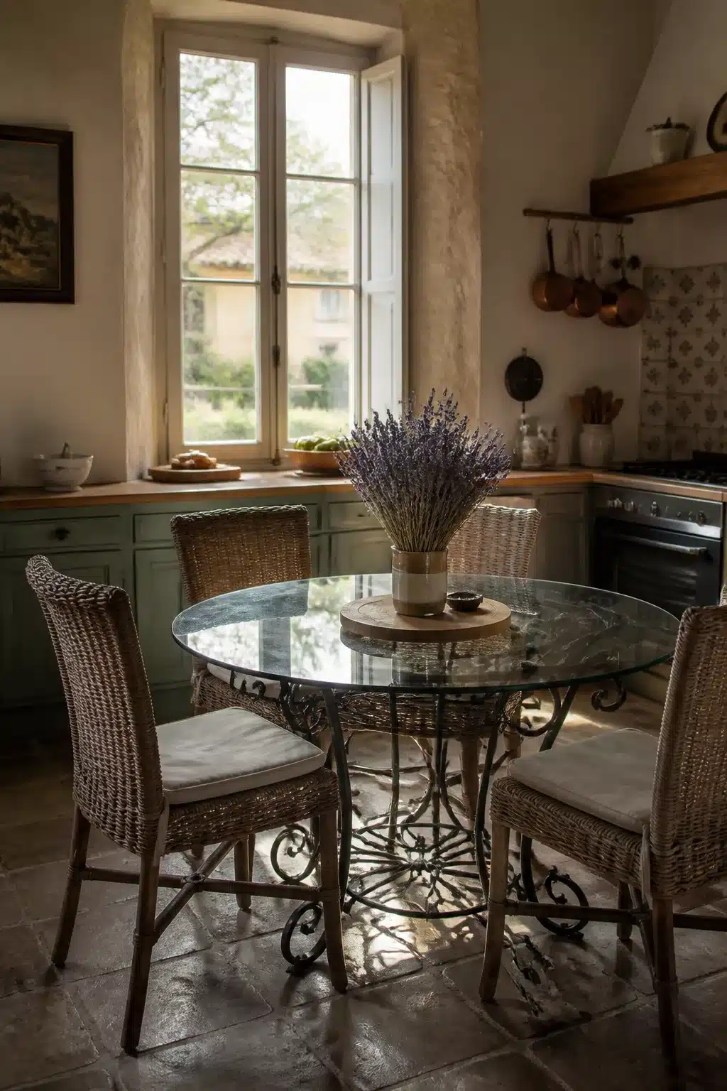 French country kitchen table with glass top and wrought iron scrolled base, wicker chairs, lavender, sage cabinets
