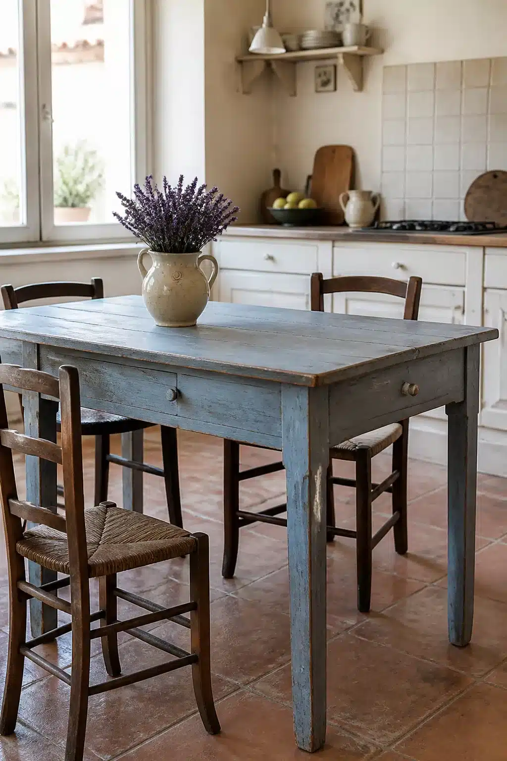 Chalk-painted blue French country kitchen table with rush-seat chairs, lavender, and terra cotta tile floor
