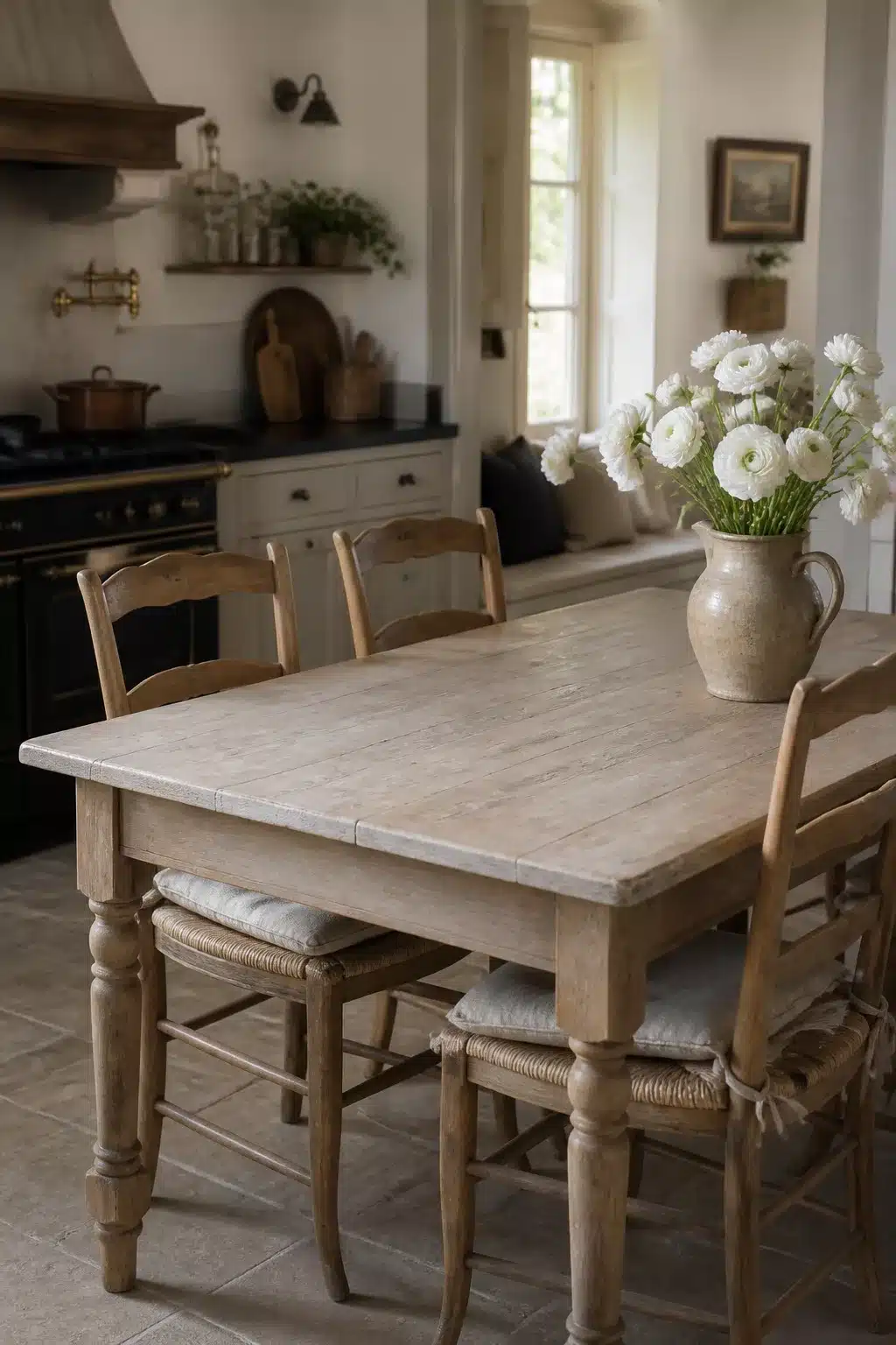 Bleached limed oak French country kitchen table with stone tile floor, turned legs, and white ranunculus in a ceramic pitcher.