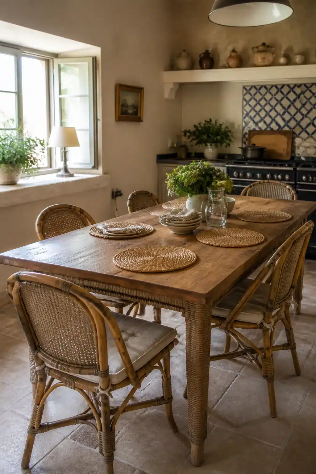 Rattan-wrapped wood French country kitchen table with woven placemats, stone floors, and black range in background
