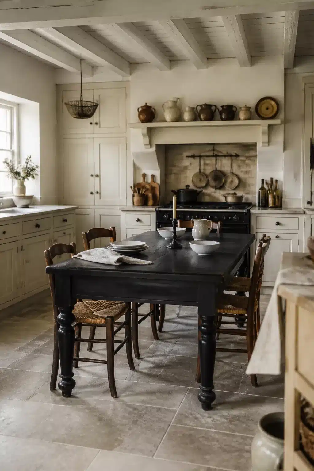 Ebonized black French country kitchen table with rush-seat chairs, stone floor, and cream shaker cabinets