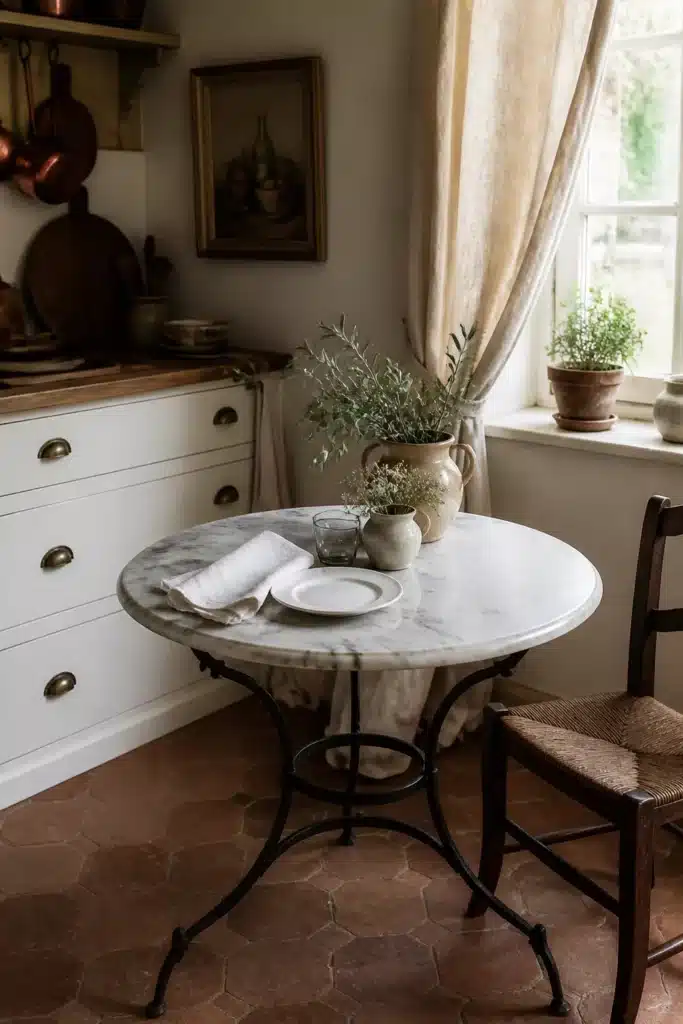 Marble-top wrought iron bistro table in a French country kitchen with terracotta tiles and white cabinetry