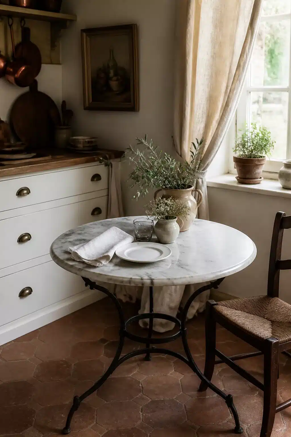 Marble-top wrought iron bistro table in a French country kitchen with terracotta tiles and white cabinetry