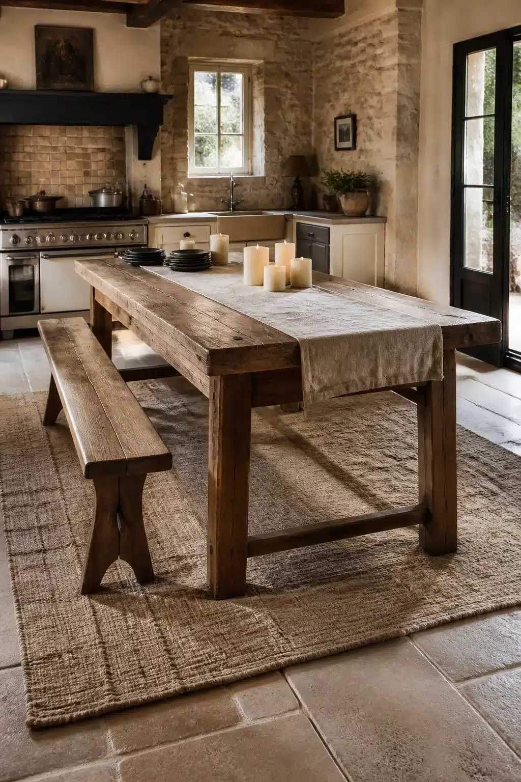 Reclaimed chestnut plank French country kitchen table with bench on jute rug, stone floor and vintage range