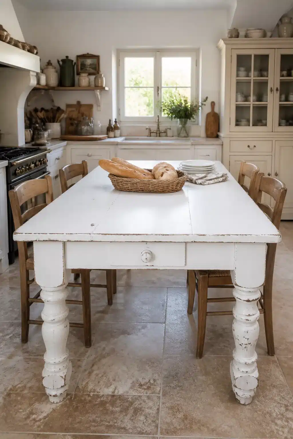 Chippy white painted farmhouse table with turned legs in a French country kitchen with stone tile floor