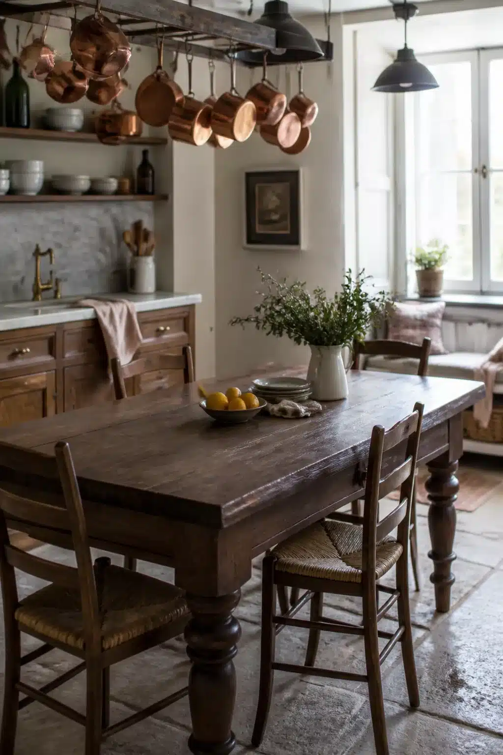 Dark walnut turned-leg French country kitchen table with copper pot rack and rush-seat chairs