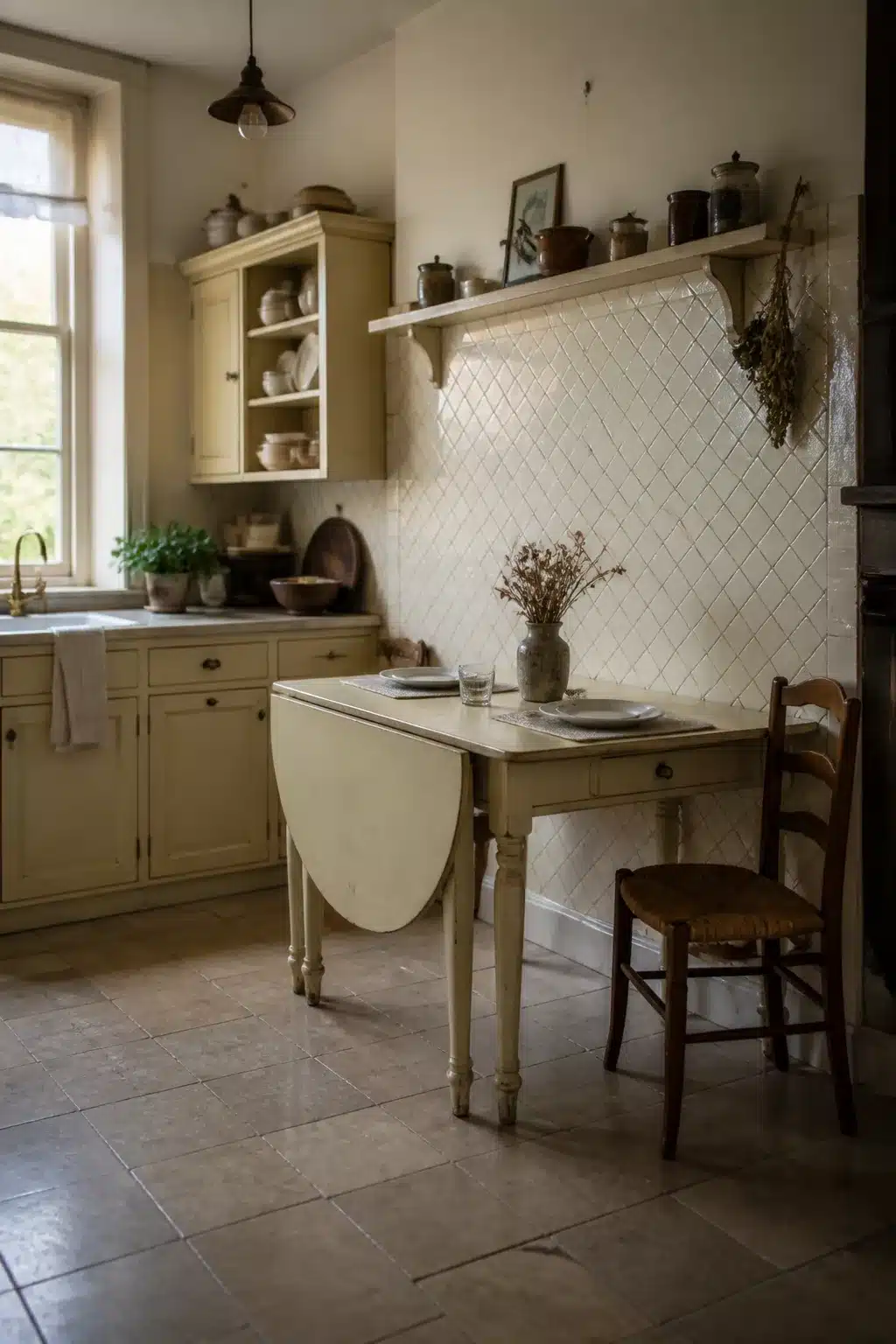 Cream drop-leaf French country kitchen table with diamond tile backsplash and yellow painted cabinets