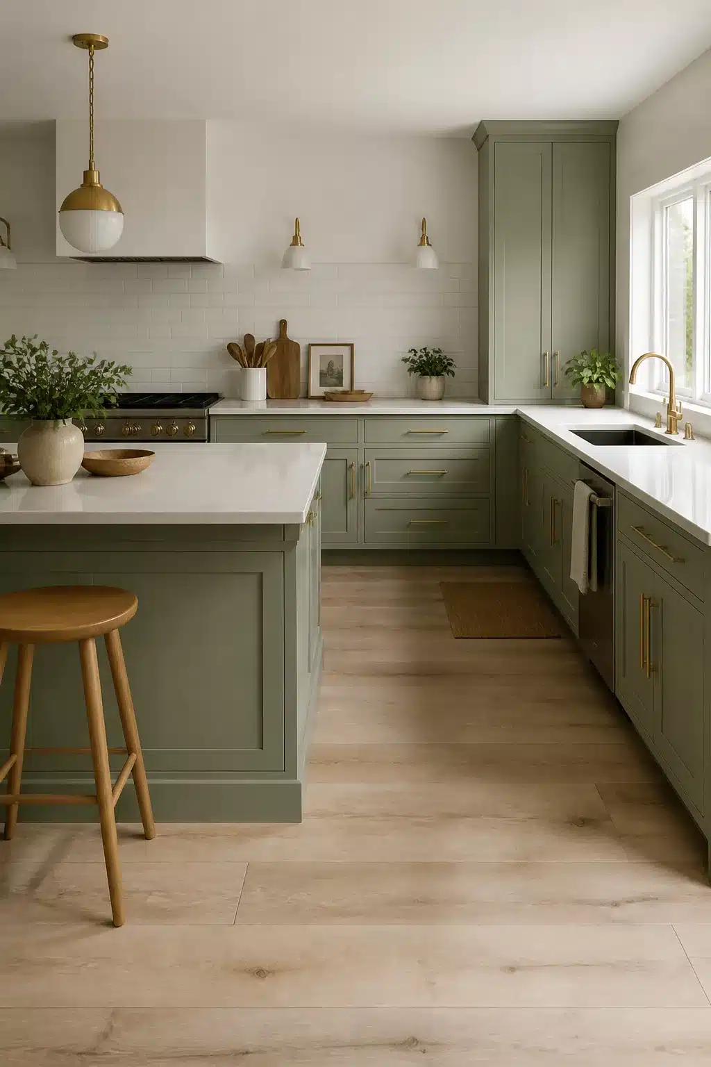 Sage green shaker kitchen cabinets with brushed gold bar pulls, white quartz counters, and light wood floors
