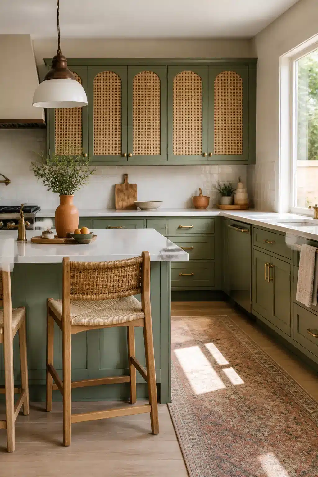Sage green kitchen cabinets with gold handles, arched rattan inserts, white countertops and woven bar stools