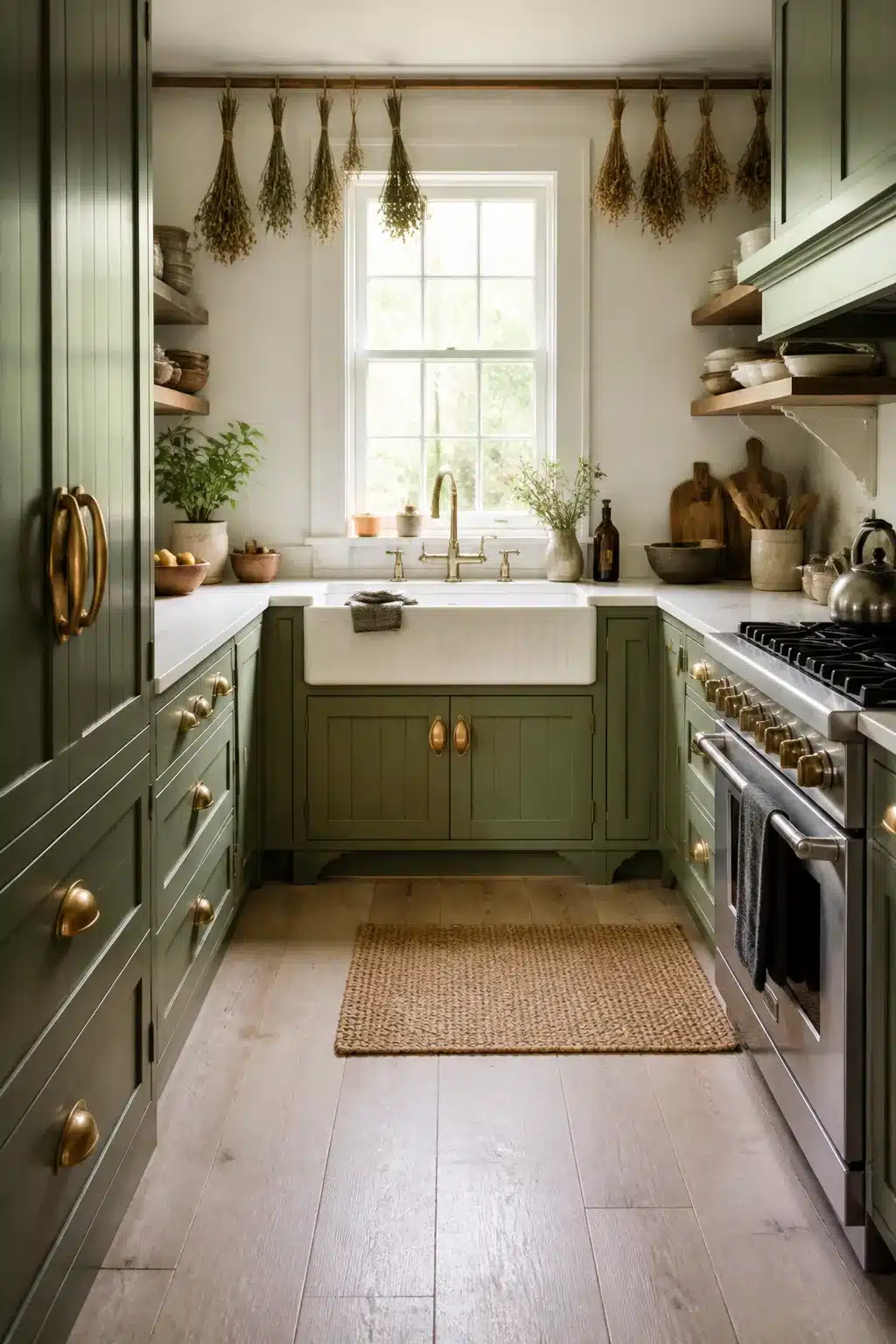 Dusty sage green kitchen cabinets with oversized oval gold handles, farmhouse sink, and dried herbs above window