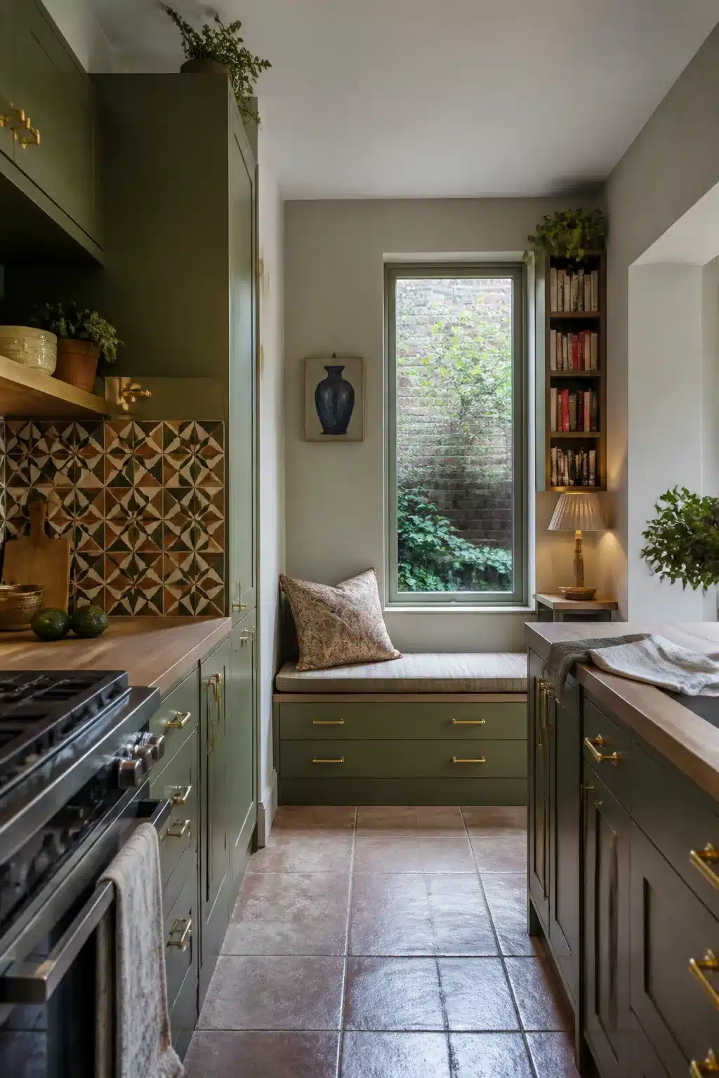 Khaki green kitchen cabinets with gold brass handles, encaustic tile backsplash, wood countertops and terracotta floor tiles