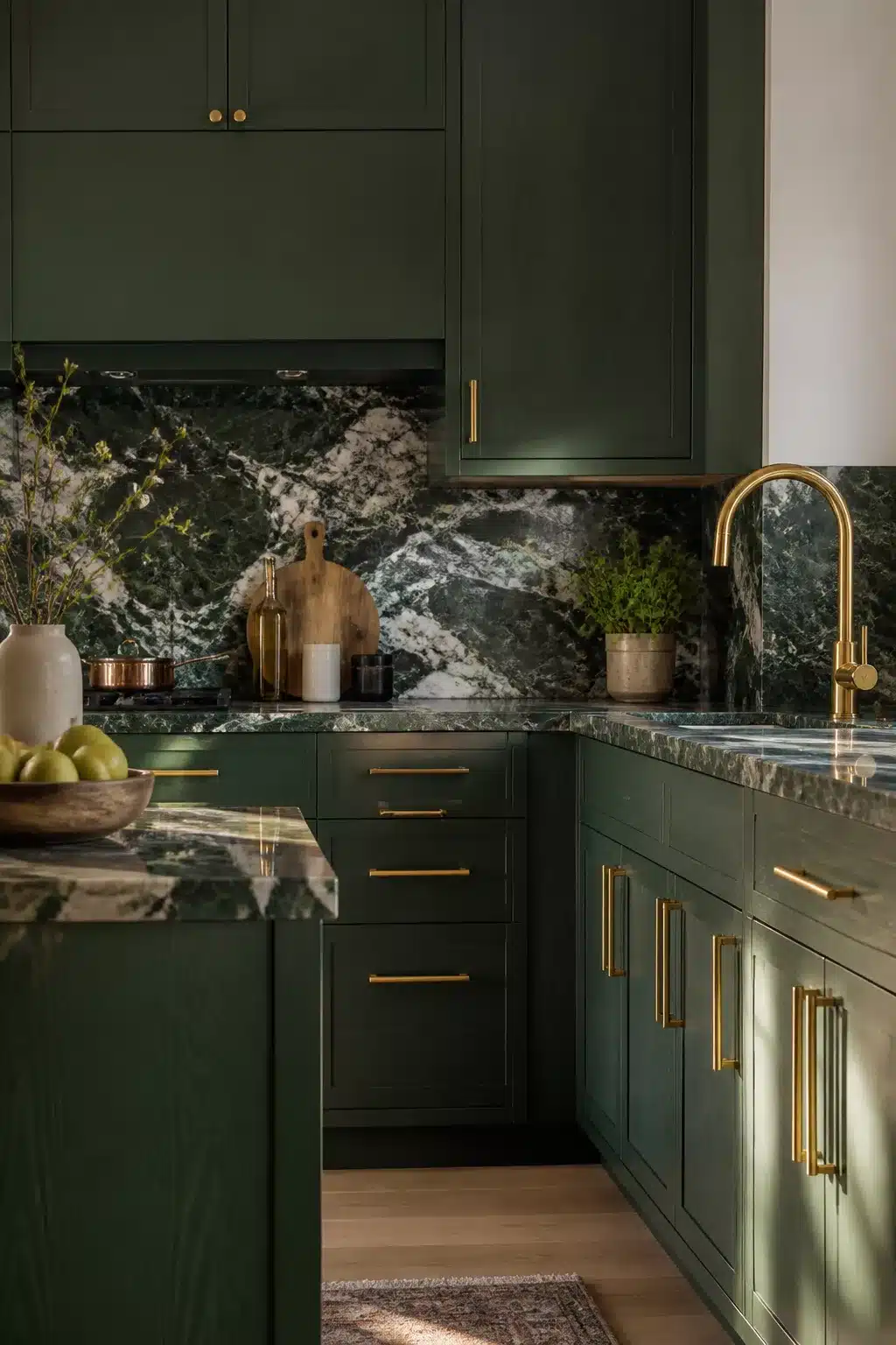 Deep jade green kitchen cabinets with gold bar handles, green marble backsplash and countertops, brass faucet