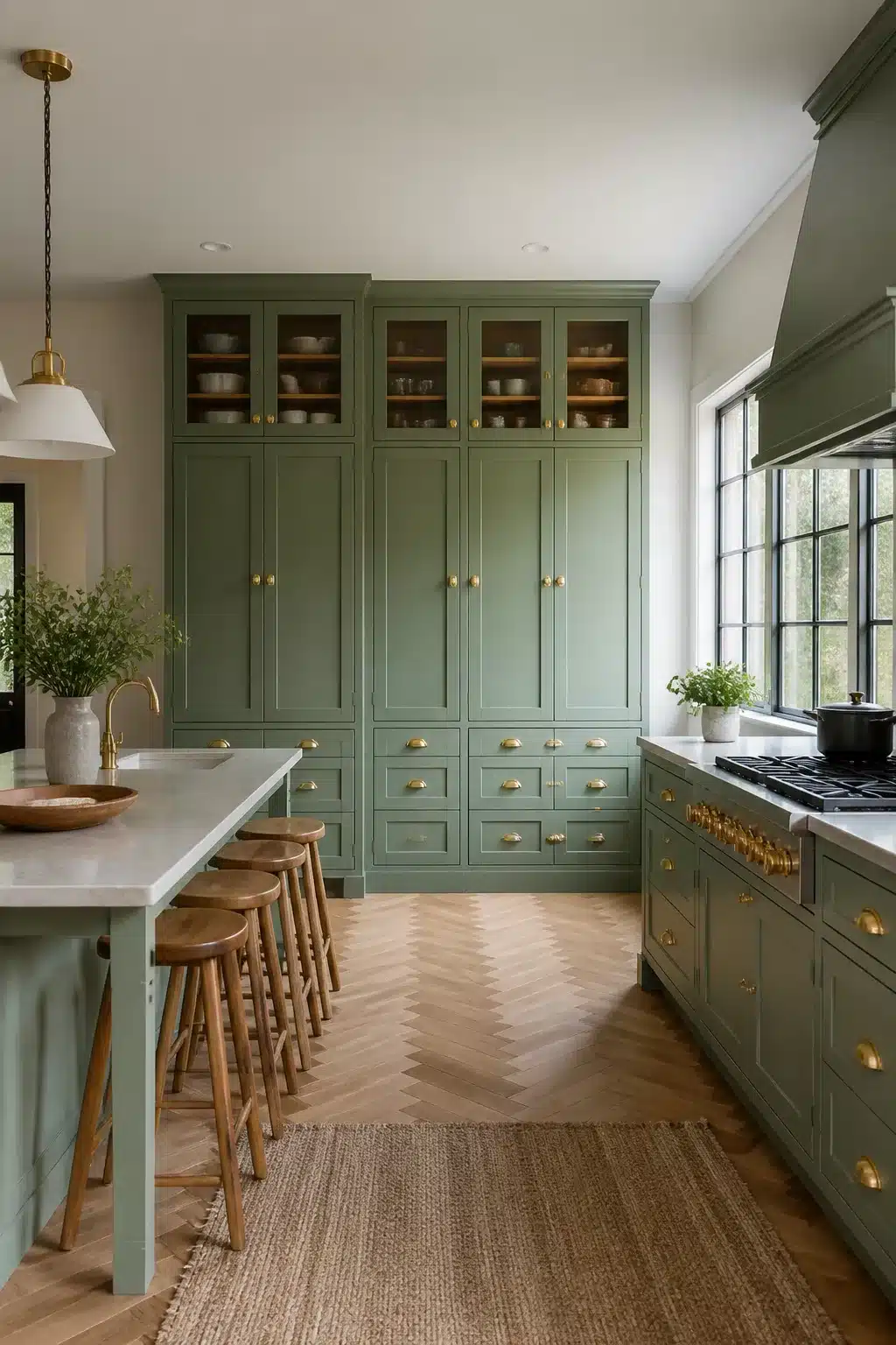 Sage green kitchen cabinets with round gold handles, floor-to-ceiling pantry wall, herringbone wood floor