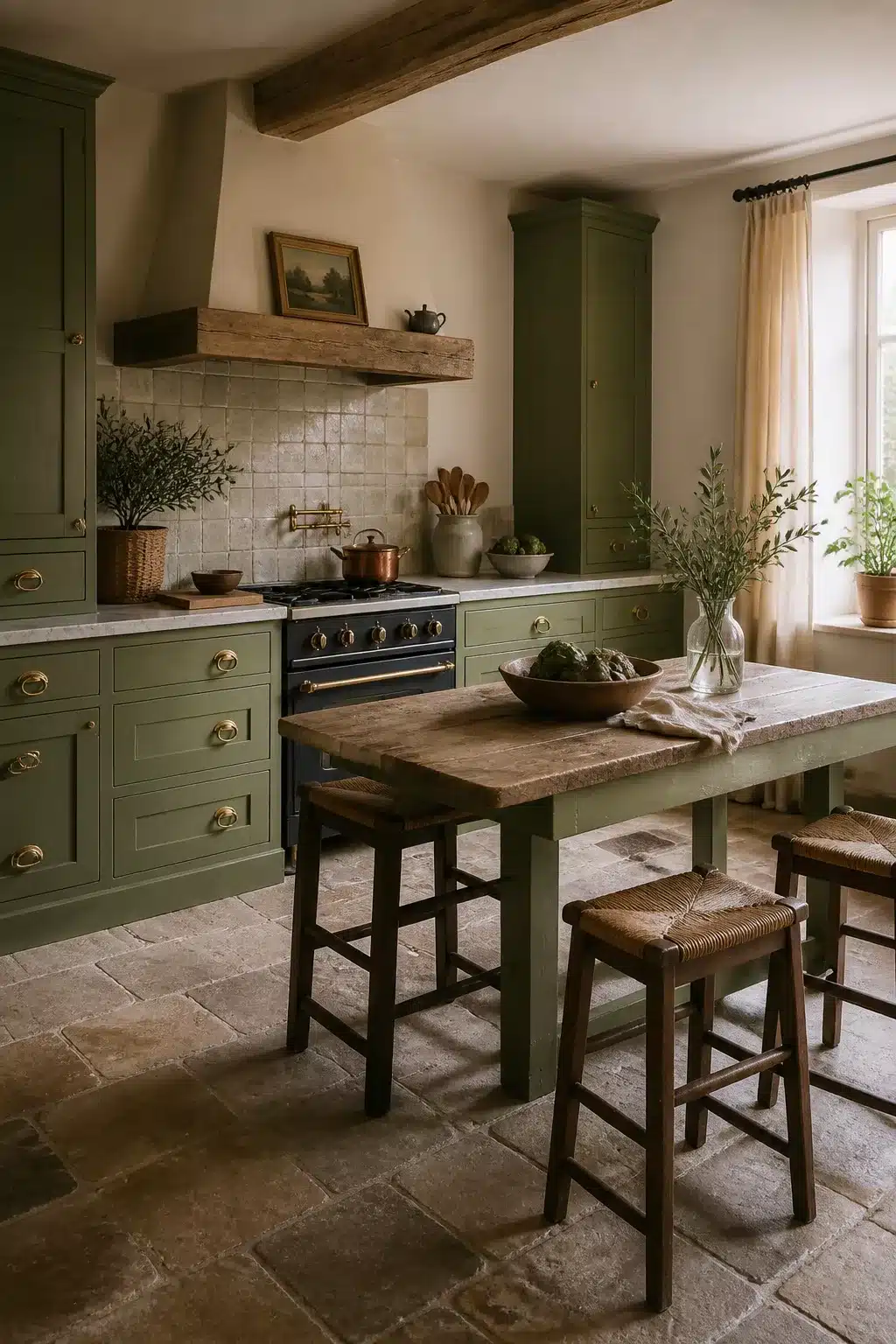 Lime-washed sage green kitchen cabinets with gold ring handles, stone floor, wood beams, and rustic island table