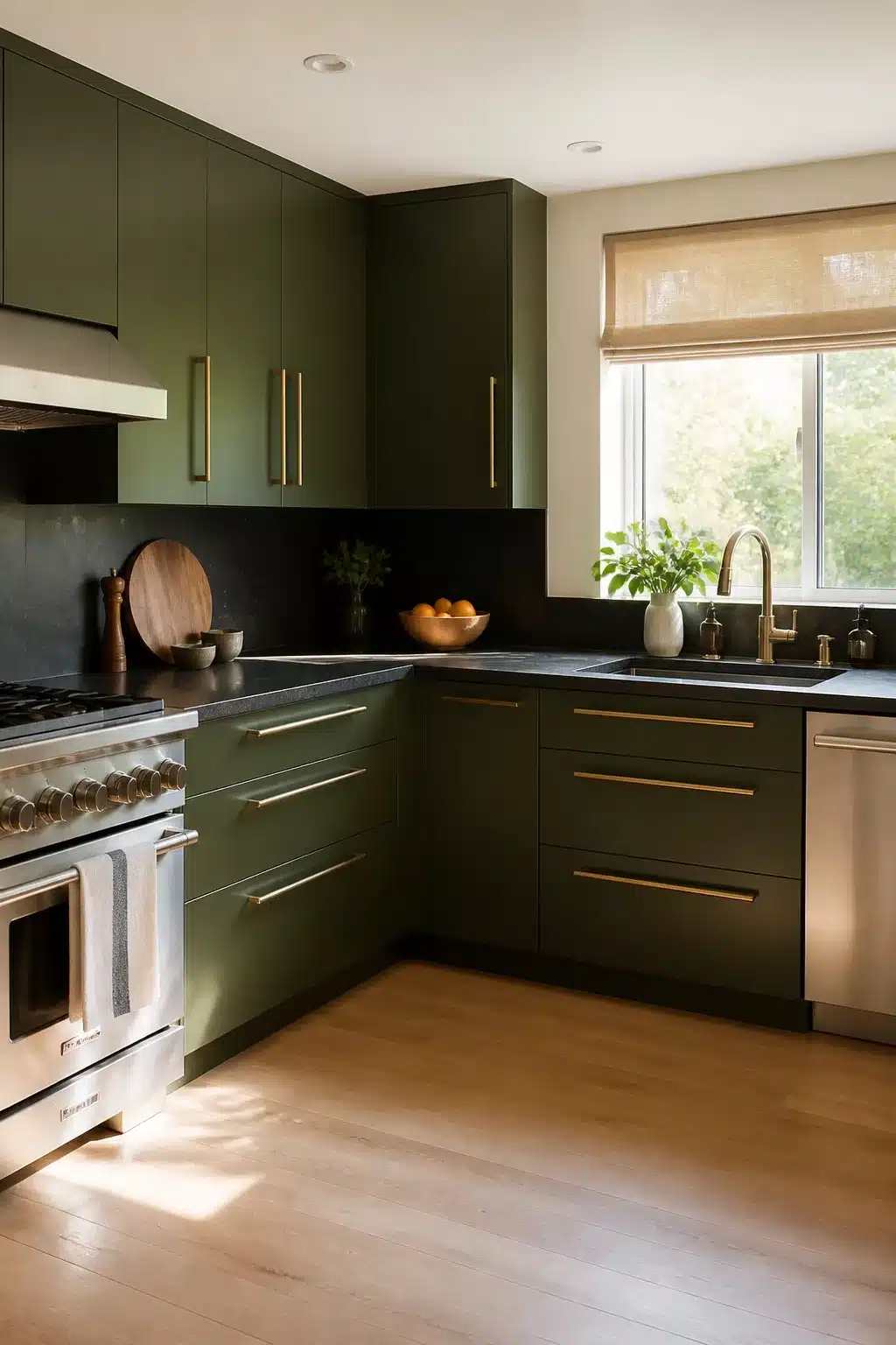 Dark olive green kitchen cabinets with long gold handles, black countertops, and light wood floors