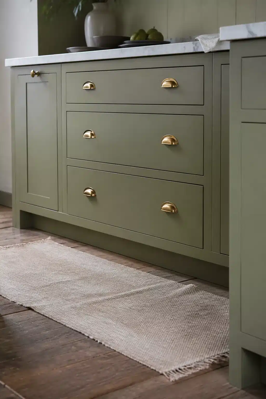 Soft green kitchen cabinets with gold cup handles, white marble countertop, and jute rug on wood floor.