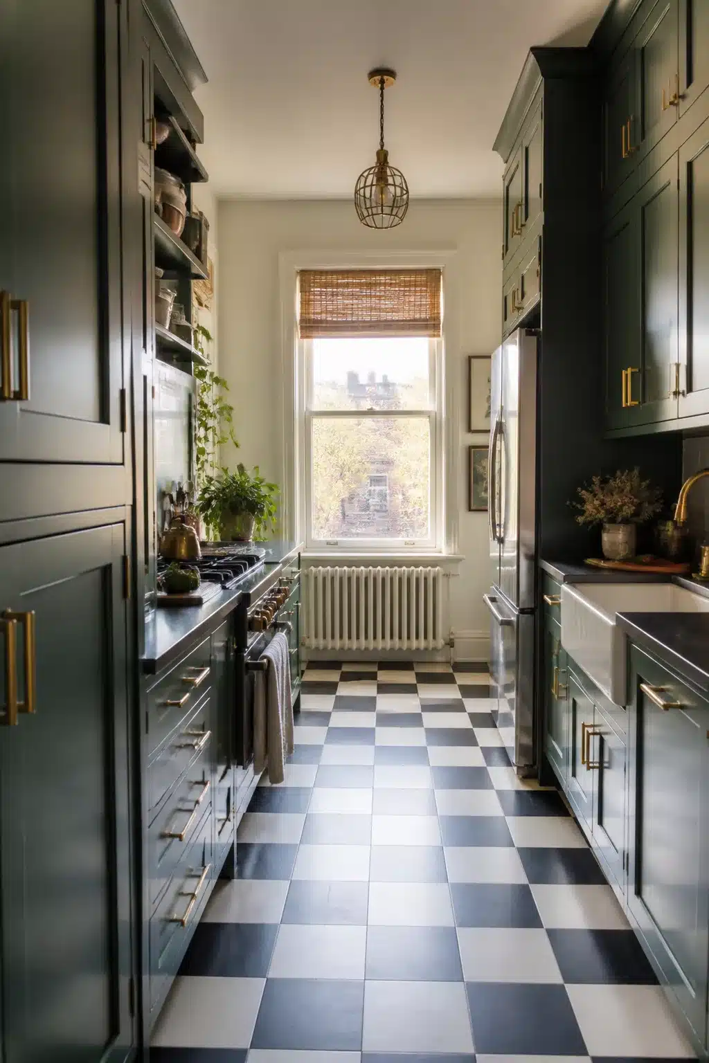 British racing green kitchen cabinets with gold handles, checker floor, and brass cage pendant in a narrow galley