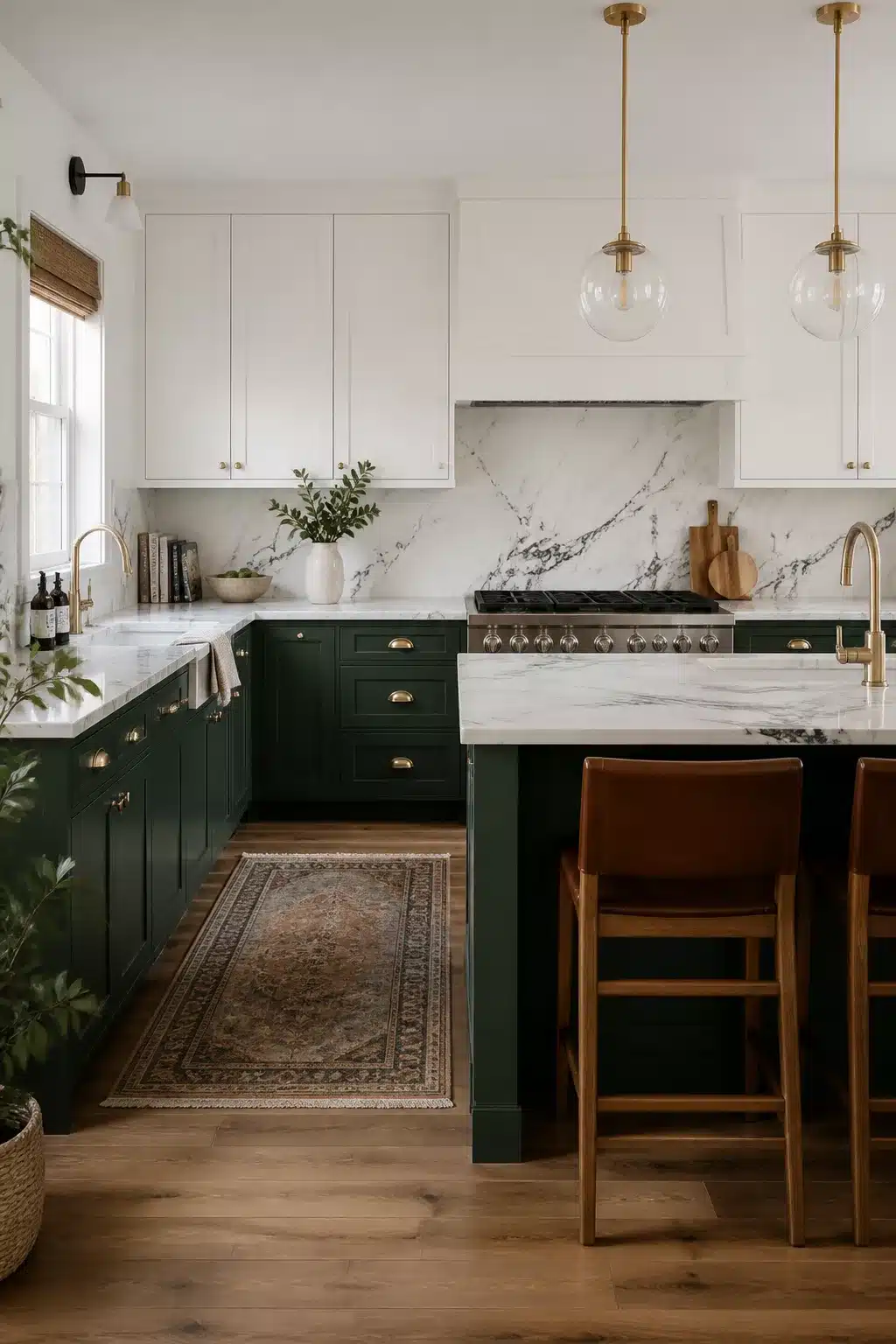 Forest green lower kitchen cabinets with gold cup handles, white upper cabinets, marble backsplash, and brass pendants