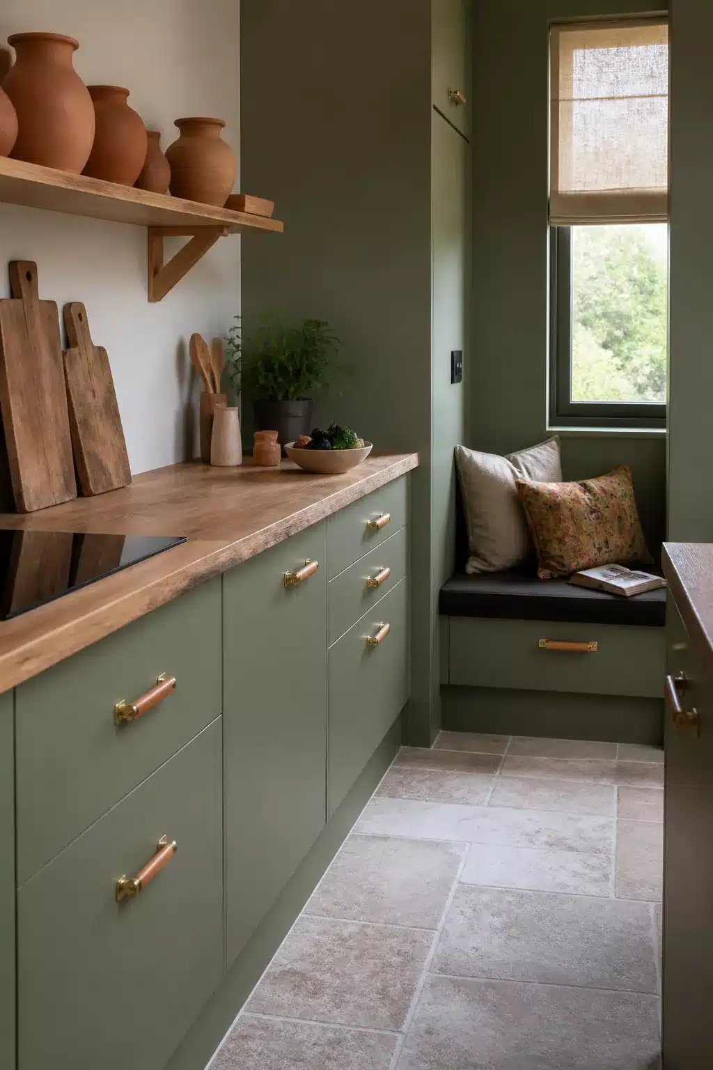 Sage green kitchen cabinets with gold copper-wrapped pull handles, wood countertop, and built-in window seat