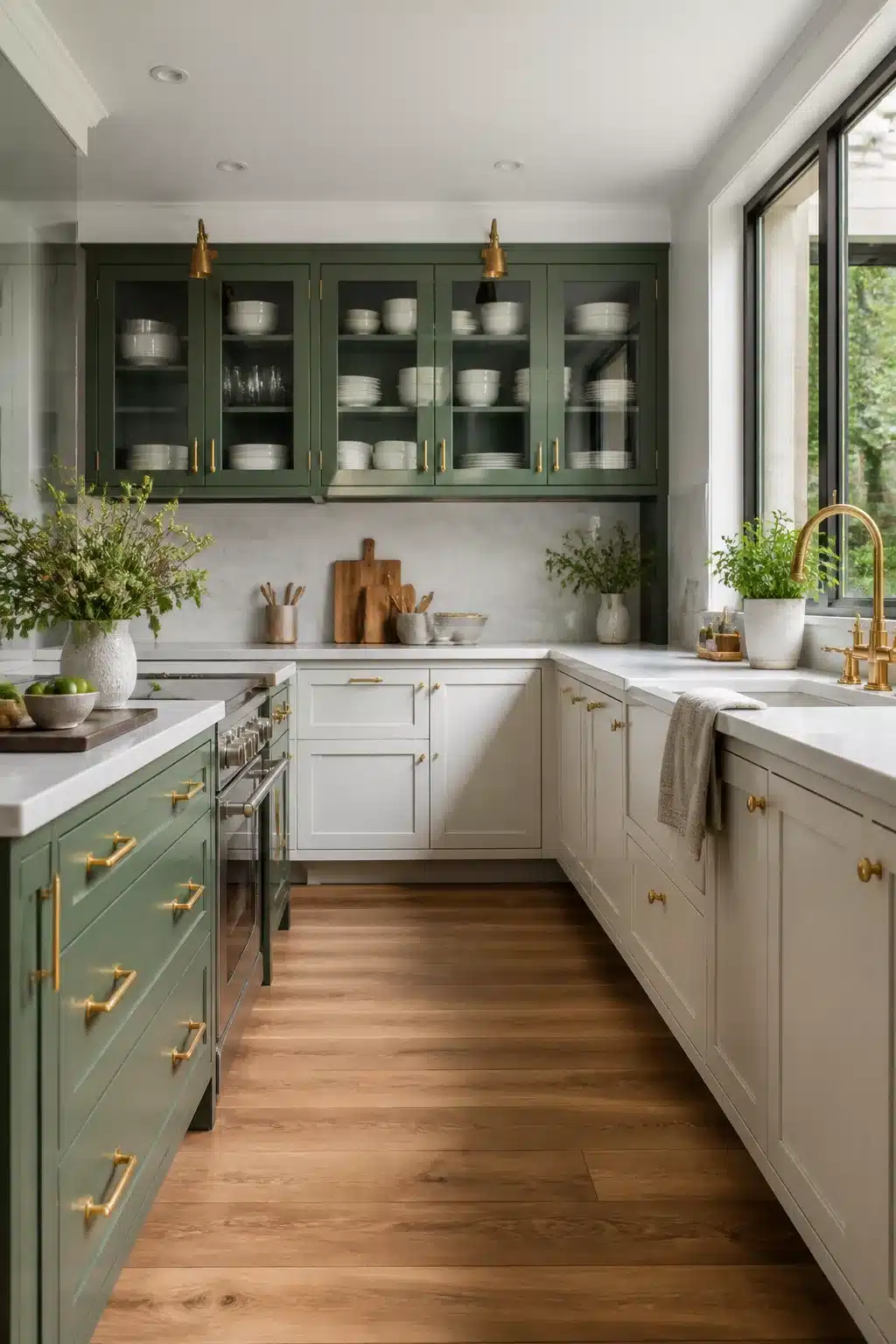 Fern green kitchen cabinets with gold brass finger pulls, glass doors, white countertops, and oak floors